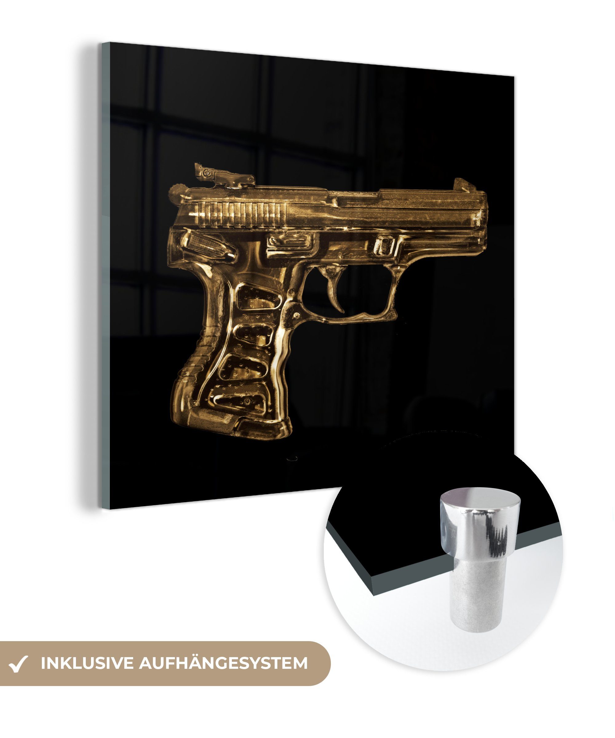MuchoWow Acrylglasbild Pistole - Schwarz - Gold, (1 St), Glasbilder - Bilder auf Glas Wandbild - Foto auf Glas - Wanddekoration