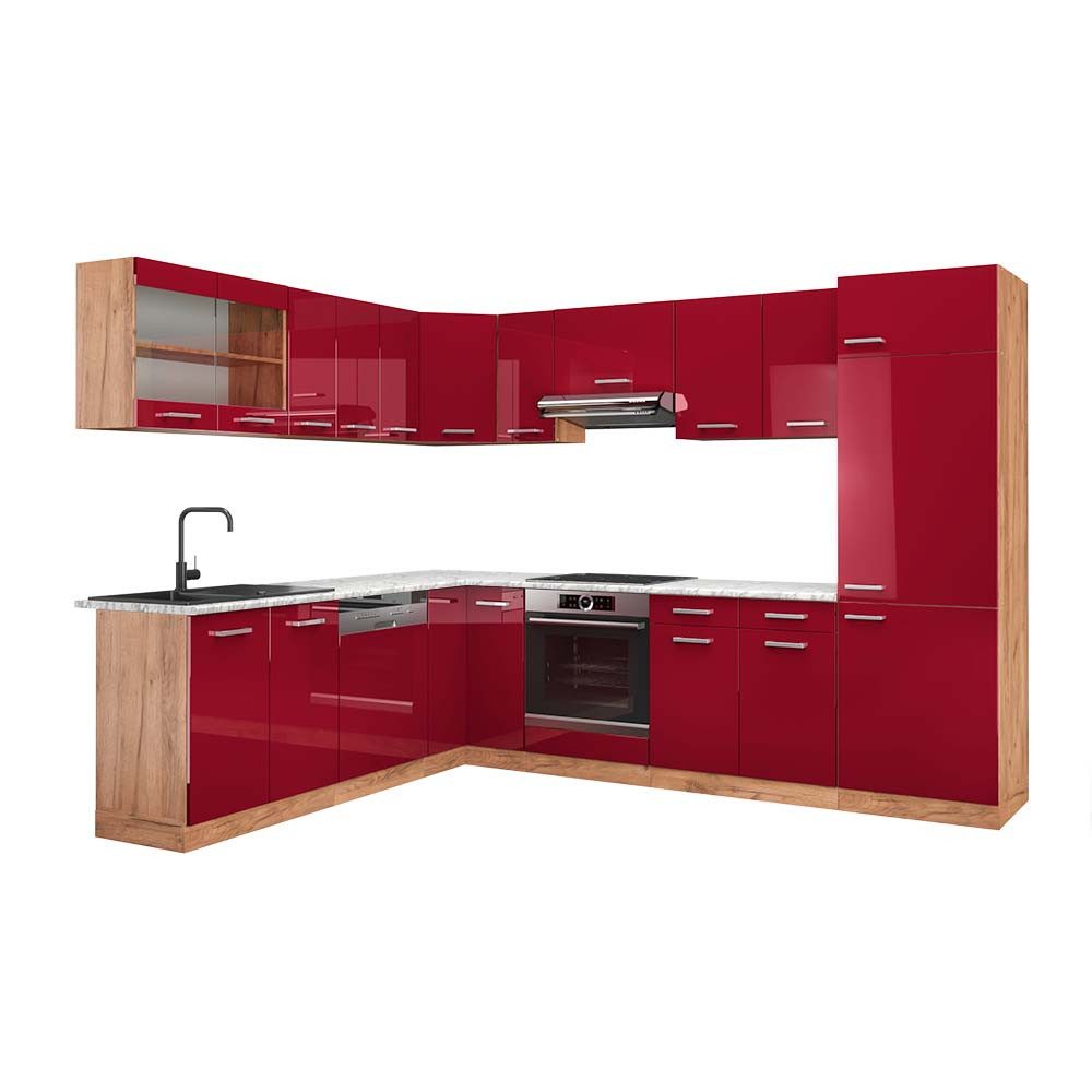 Vicco Winkelküche R-Line, Rot Hochglanz/Goldkraft Eiche, 287 x 227 cm, AP Marmor