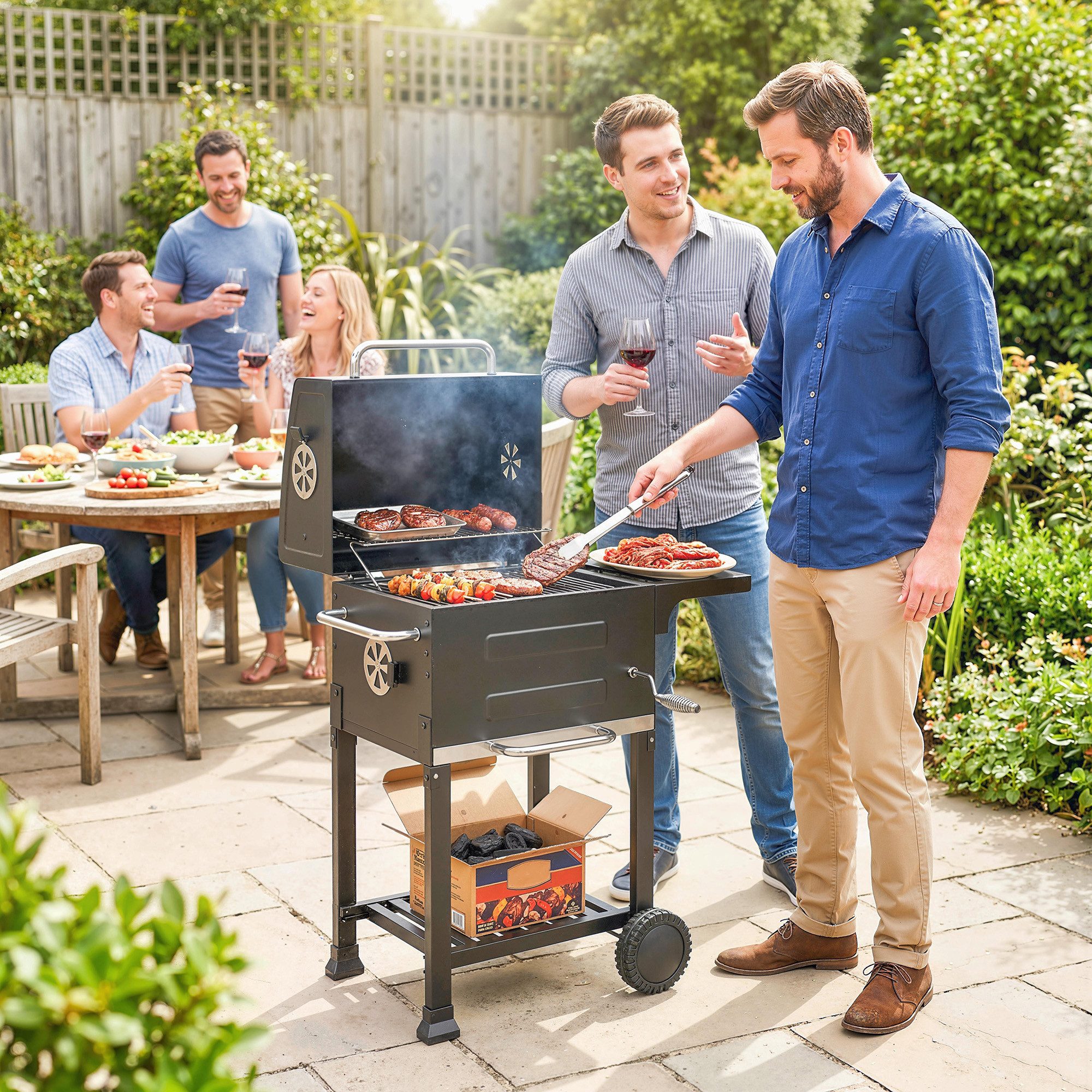 Outsunny Holzkohlegrill mit Deckel, Thermometer, Grillrost, Seitentisch, Grillwagen, BBQ Smoker, für Camping Garten