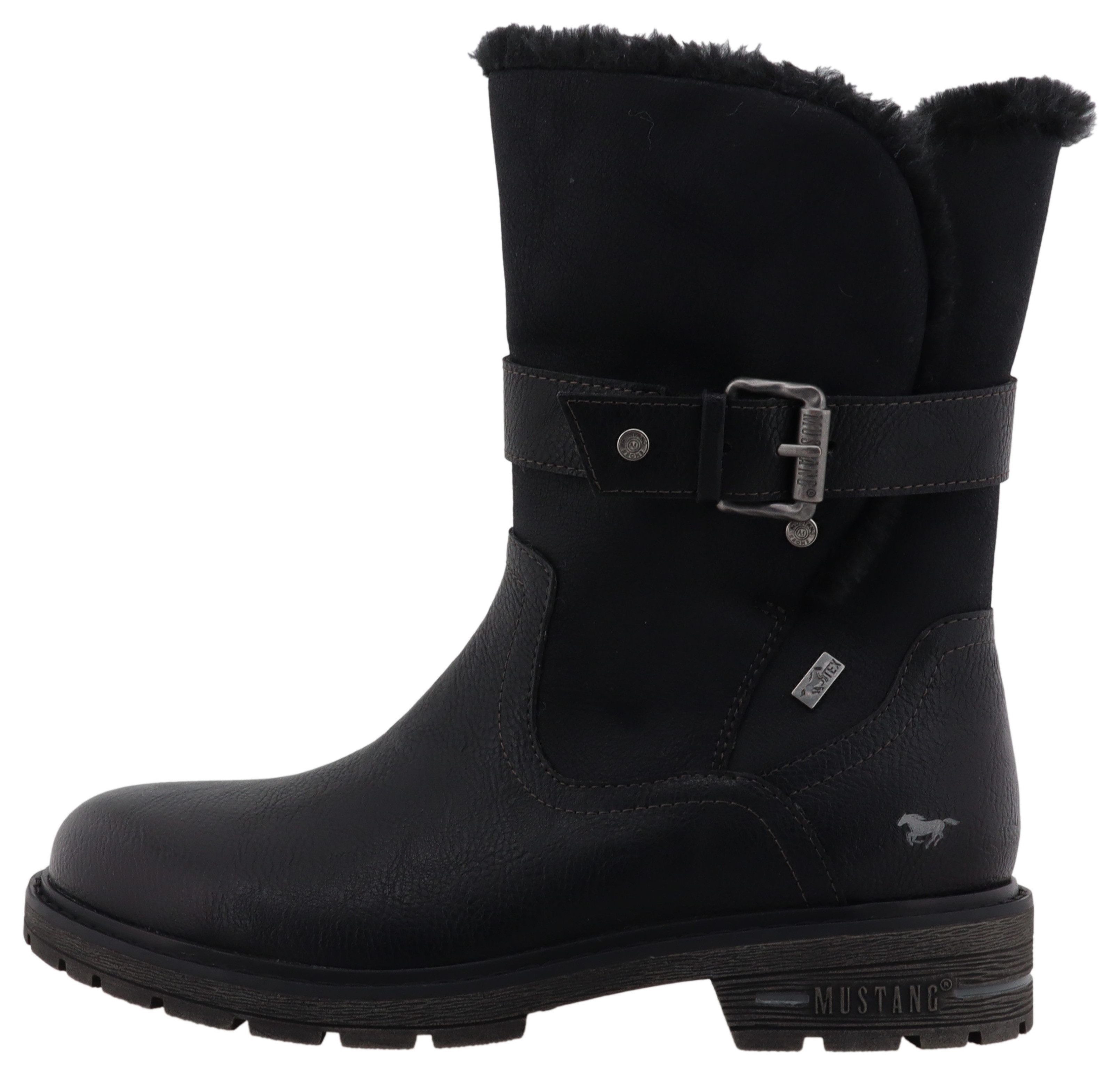 Mustang Shoes Bienke Winterstiefel Biker Boots mit Blockabsatz und Zierriemchen