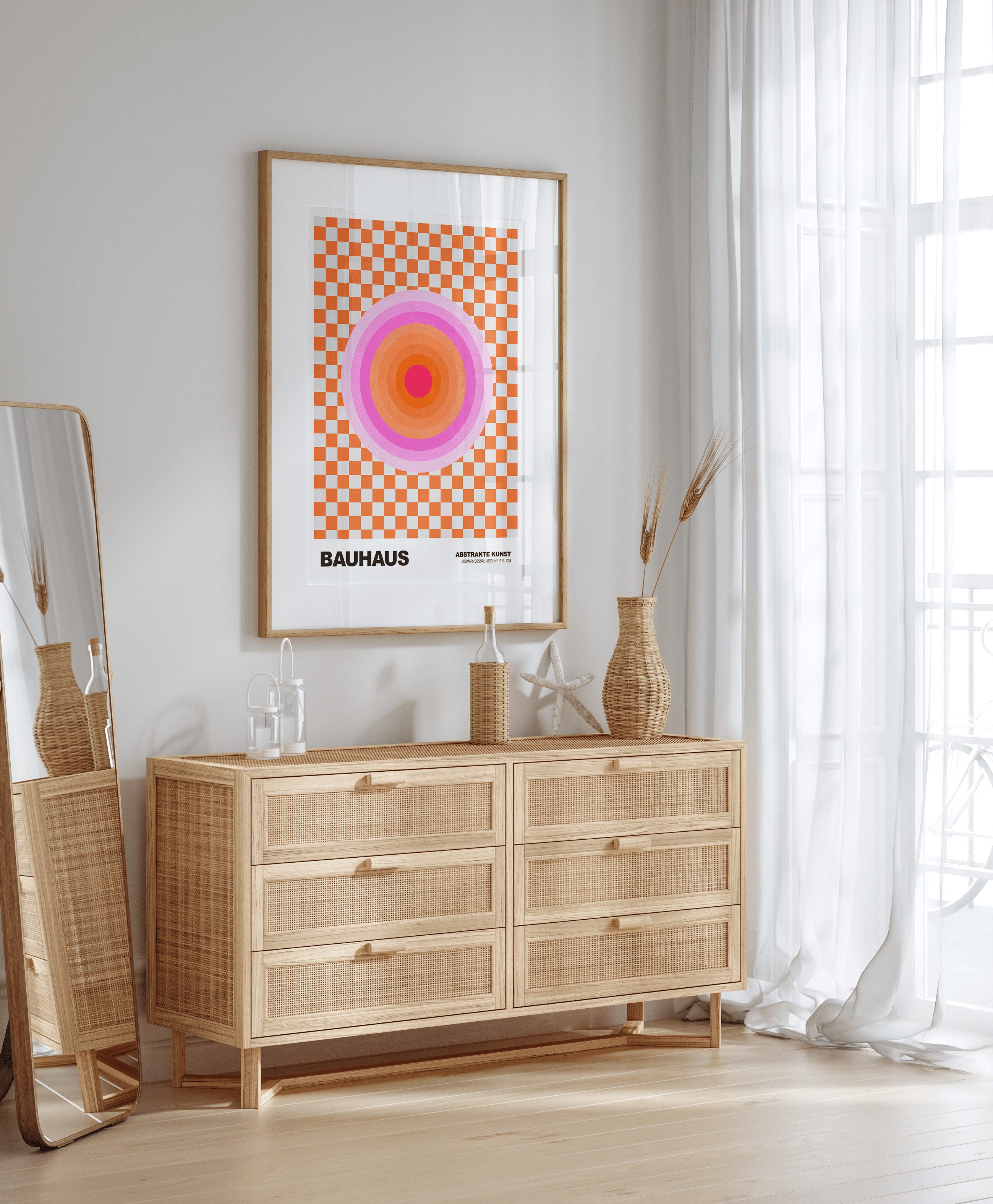 JUSTGOODMOOD Poster Bauhaus Abstrakte Kunst Pink Orange Kreis auf Schachbrett Muster Moder, (1 St) – Bild 5 von 5