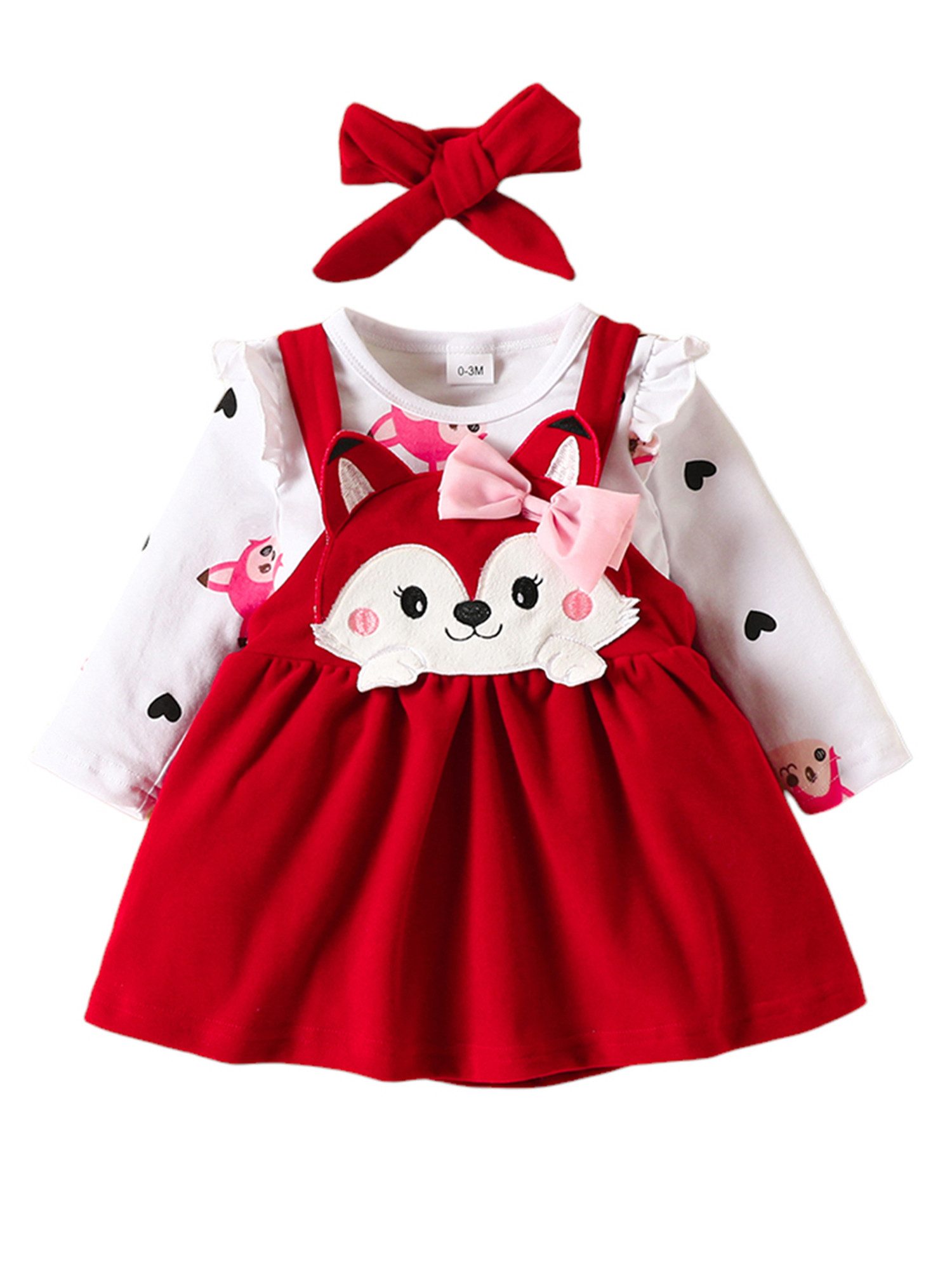 T-Shirt & Kleid Baby Mädchen Süß Tierdruck Strampler Latzkleid + Stirnband Outfits Set