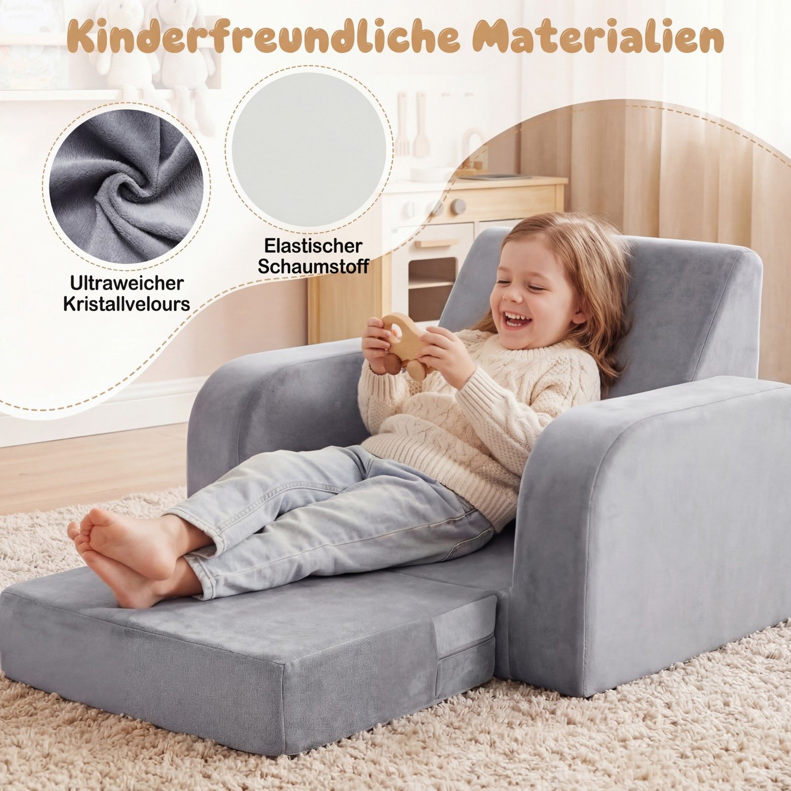 COSTWAY Kindersofa, 3 in 1 Kindersessel ausklappbar mit Schlaffunktion, Bezug