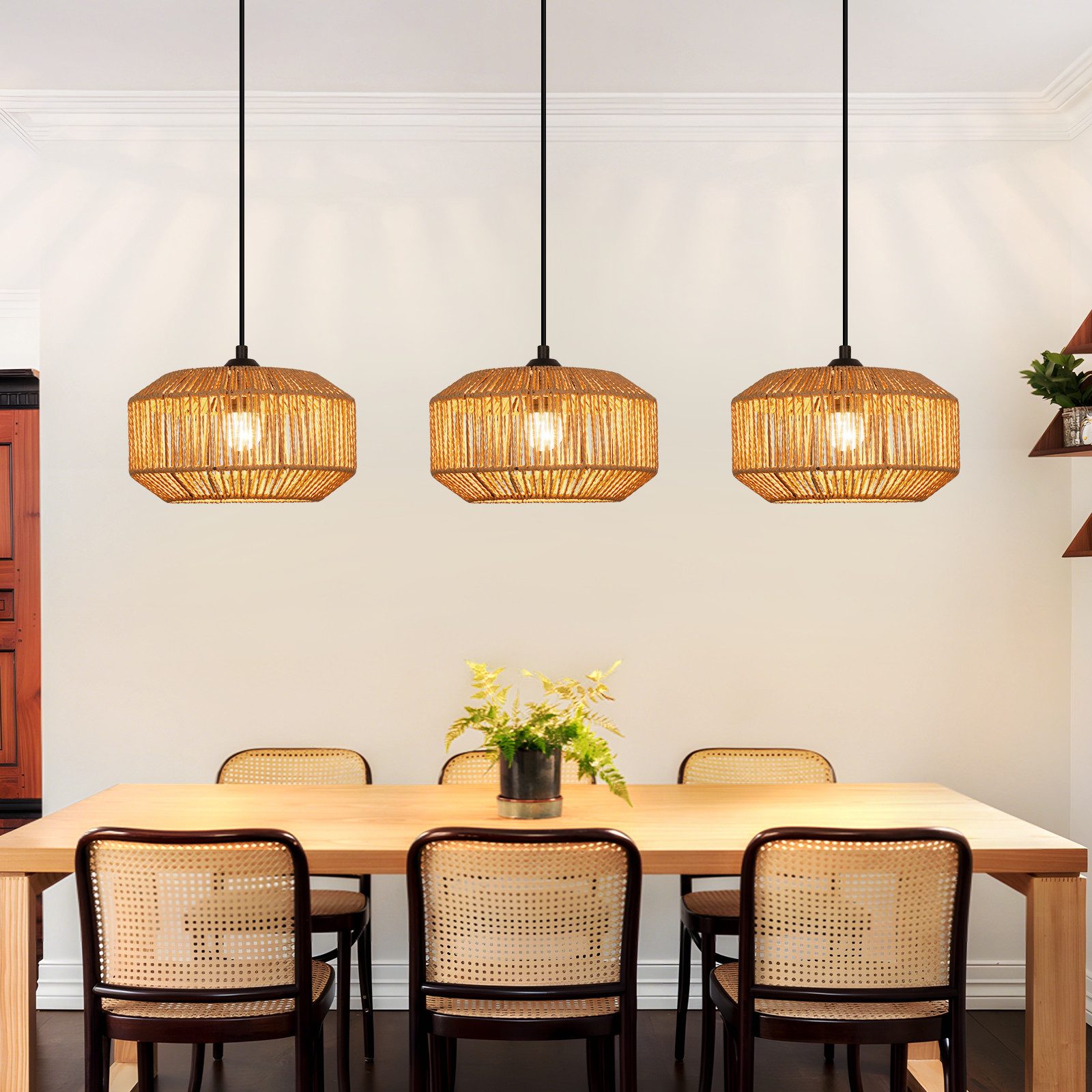 Nettlife Pendelleuchte Rattan 3 flammig Boho E27 Hängeleuchte für Esstisch, Ohne Leuchtmittel, für Esstisch Esszimmer Schlafzimmer Wohnzimmer