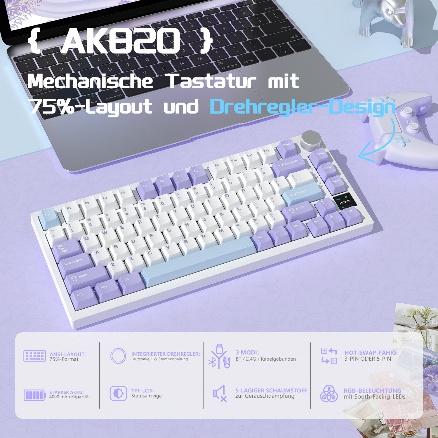 AJAZZ Ajazz AK820 Pro Gasket Mechanische Tastatur mit Kabel/kabellos Gaming-Tastatur (TFT Bildschirm, beleuchtet RGB, Schalldümpfende Foam für Win/Mac/PC)