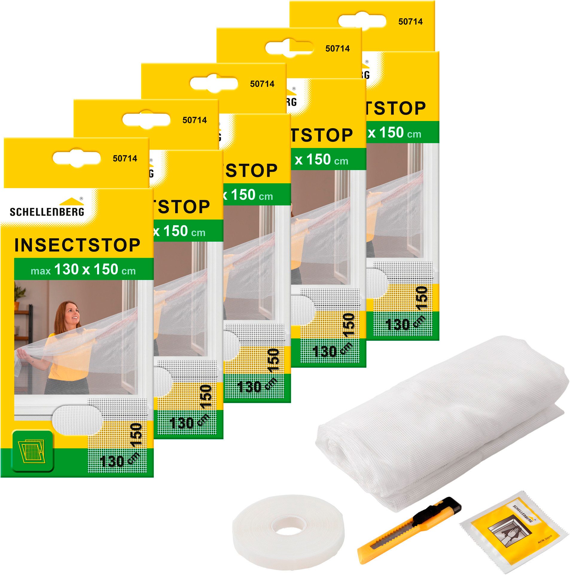SCHELLENBERG Fliegengitter-Gewebe für Fenster ohne bohren, (Set, 5-St), Insektenschutz inkl. Befestigungsband, 130 x 150 cm, anthrazit, weiß