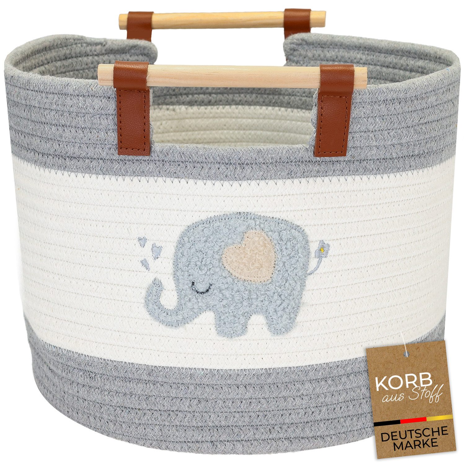 HMF Aufbewahrungskorb Aufbewahrungskorb mit Holzgriffen, runder Korb, Baumwolle für Kinderzimmer oder Babyzimmer, Elefant, 30 x 30 x 24 cm