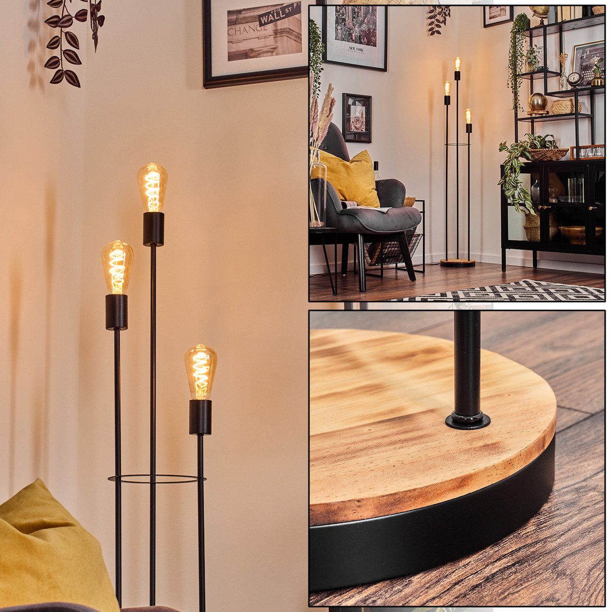 Stehlampe Stehlampe aus Metall/Holz in Schwarz/Holz dunkel mit Fußschalter