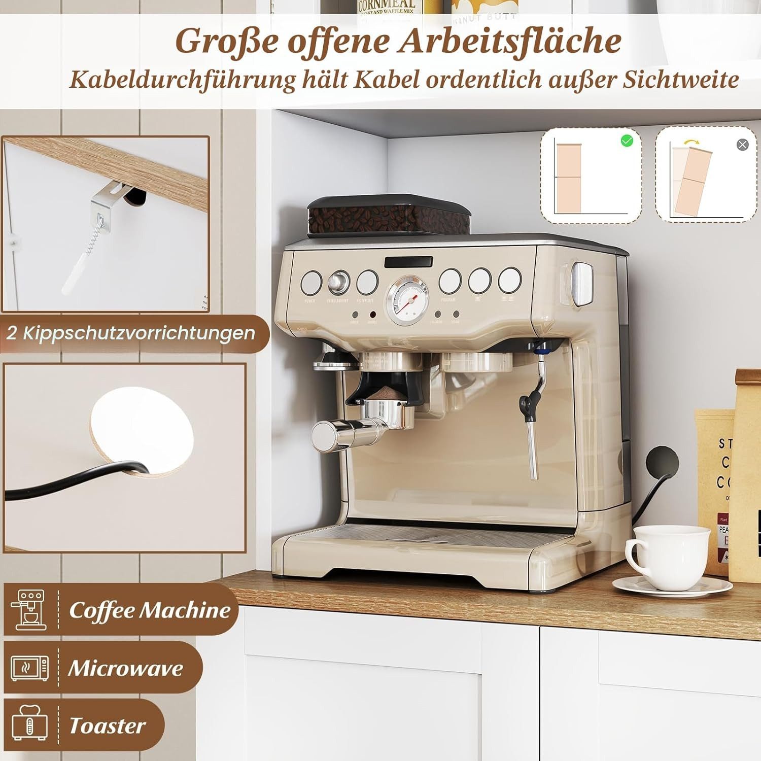 KOMFOTTEU Hochschrank Buffetschrank mit 2 Glastür, verstellbaren Einlegeböden