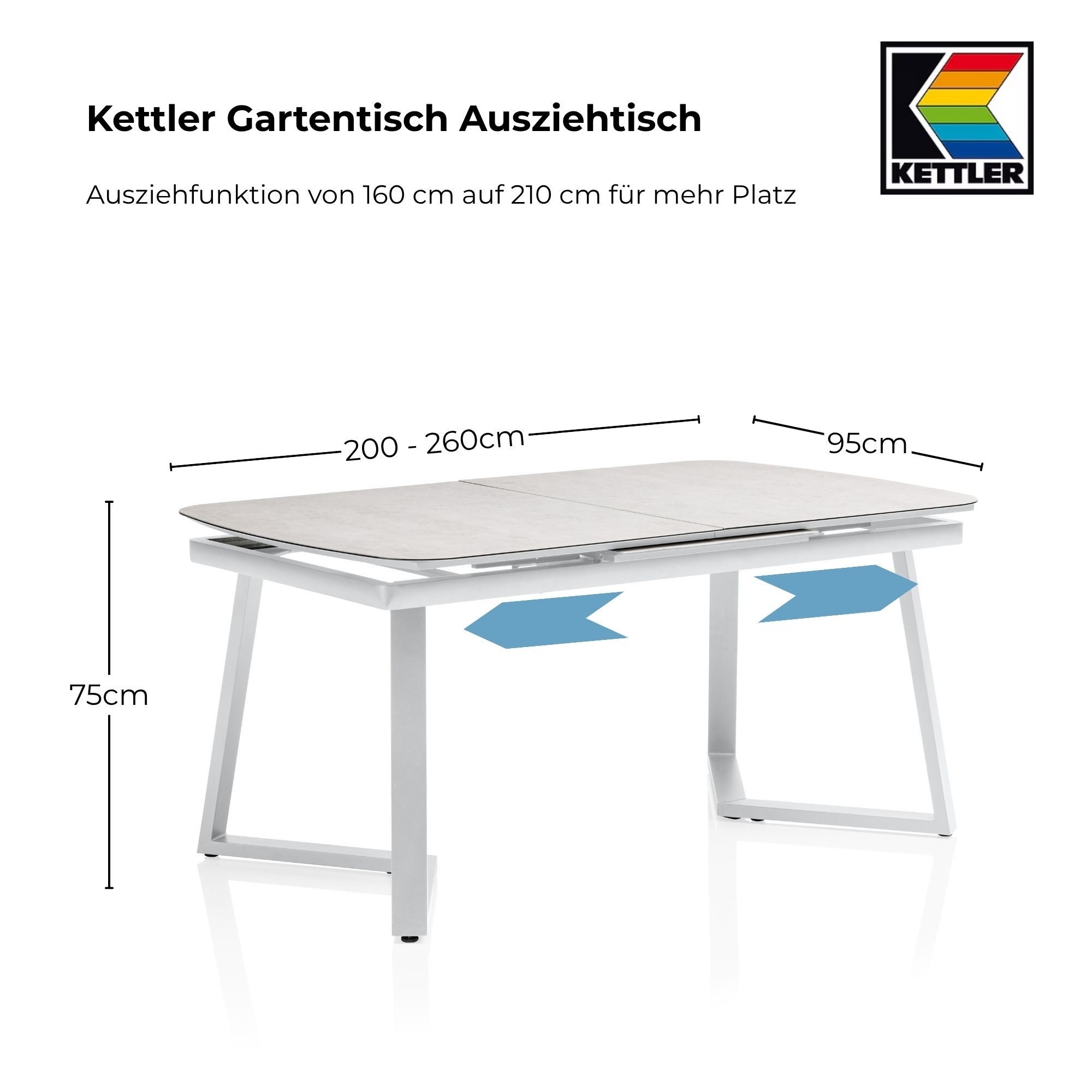 KETTLER Gartentisch Kettler Gartentisch Ausziehtisch 200/260 x 95 cm Alu Glas Keramik