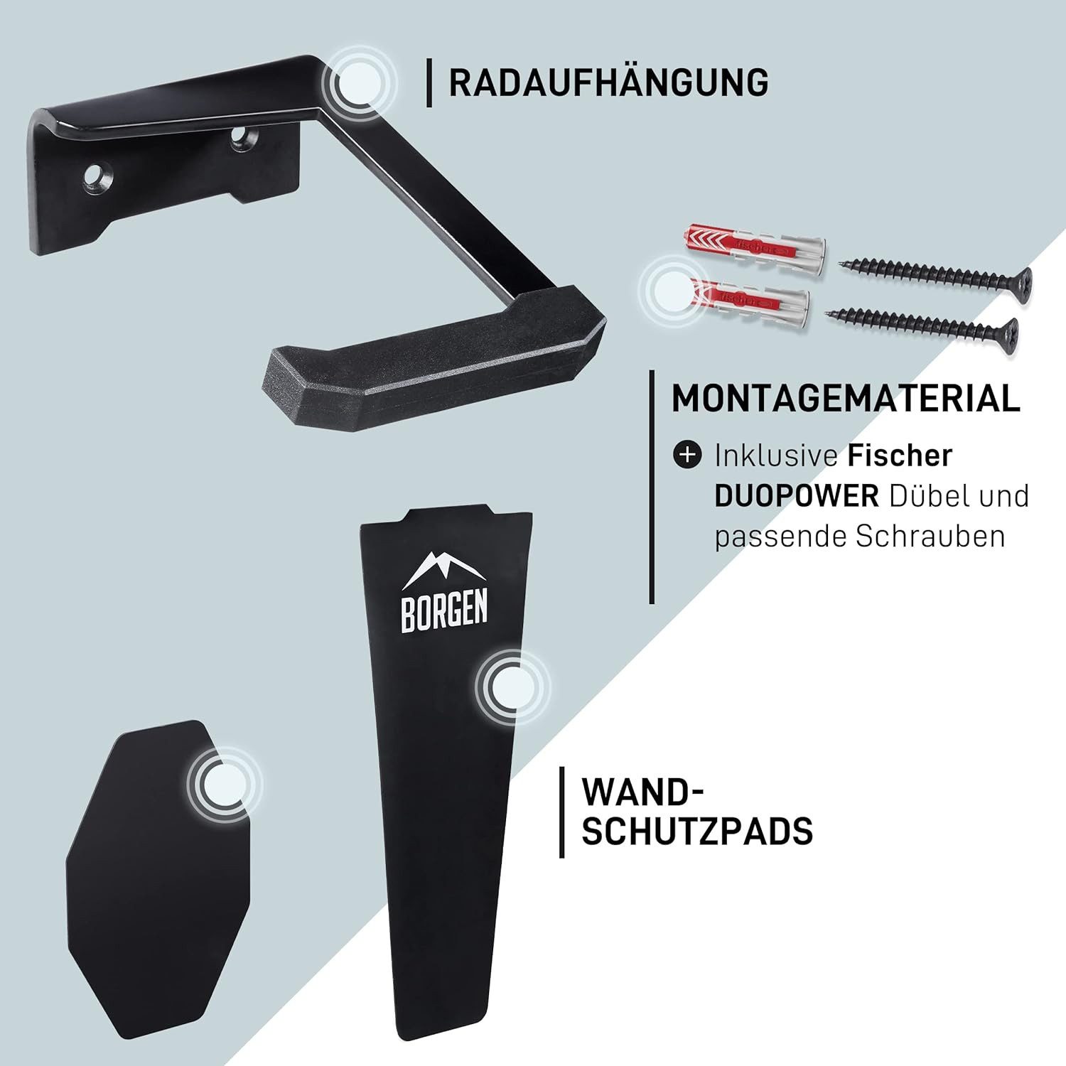Borgen Fahrrad-Montageständer Borgen Fahrrad Wandhalterung Verikal 3-er Set für MTB, Rennrad