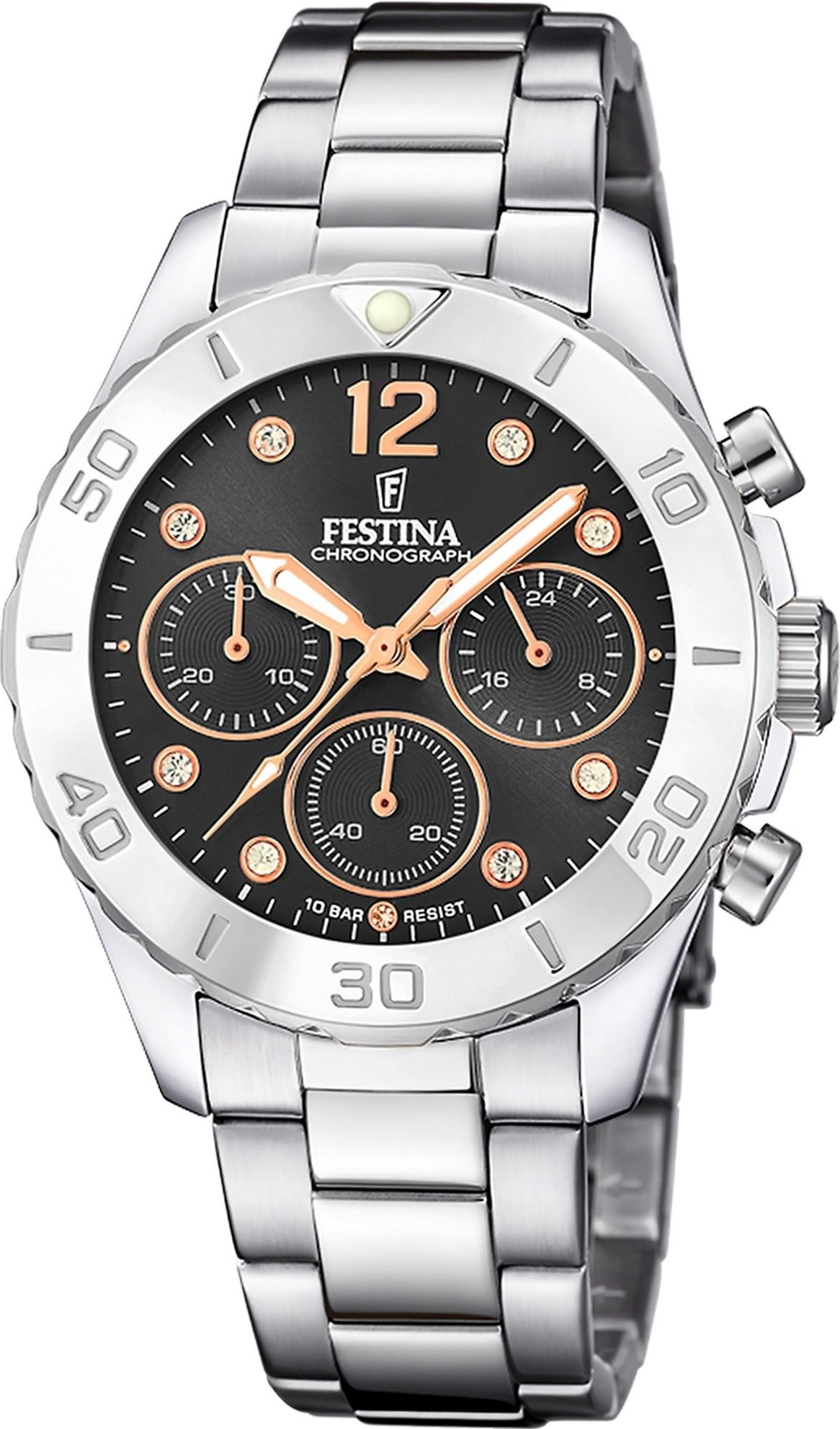 Festina Chronograph Festina Damenuhr Edelstahl silber, (Chronograph), Damen Armbanduhr rund, Edelstahlarmband silber, Casual