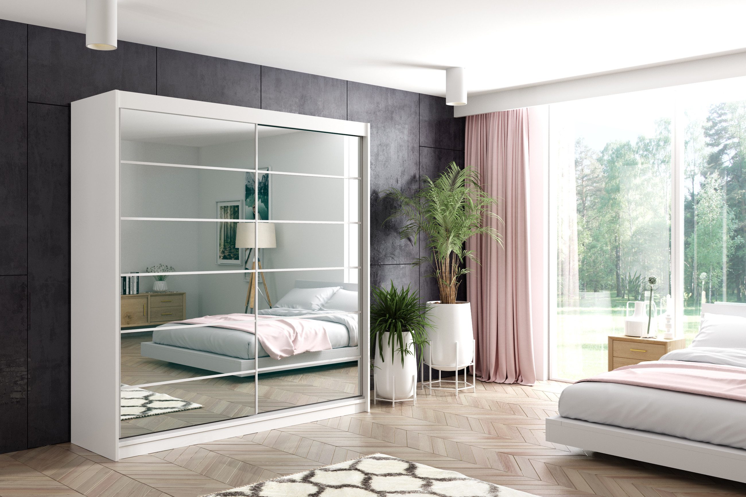 ALTDECOR Schiebetürenschrank FLORA (Kleiderschrank Garderobenschrank mit viel Stauraum Moderner Schrank) Spiegel Spiegeltüren Vielseitiger Schwebetürenschrank LED Beleuchtung