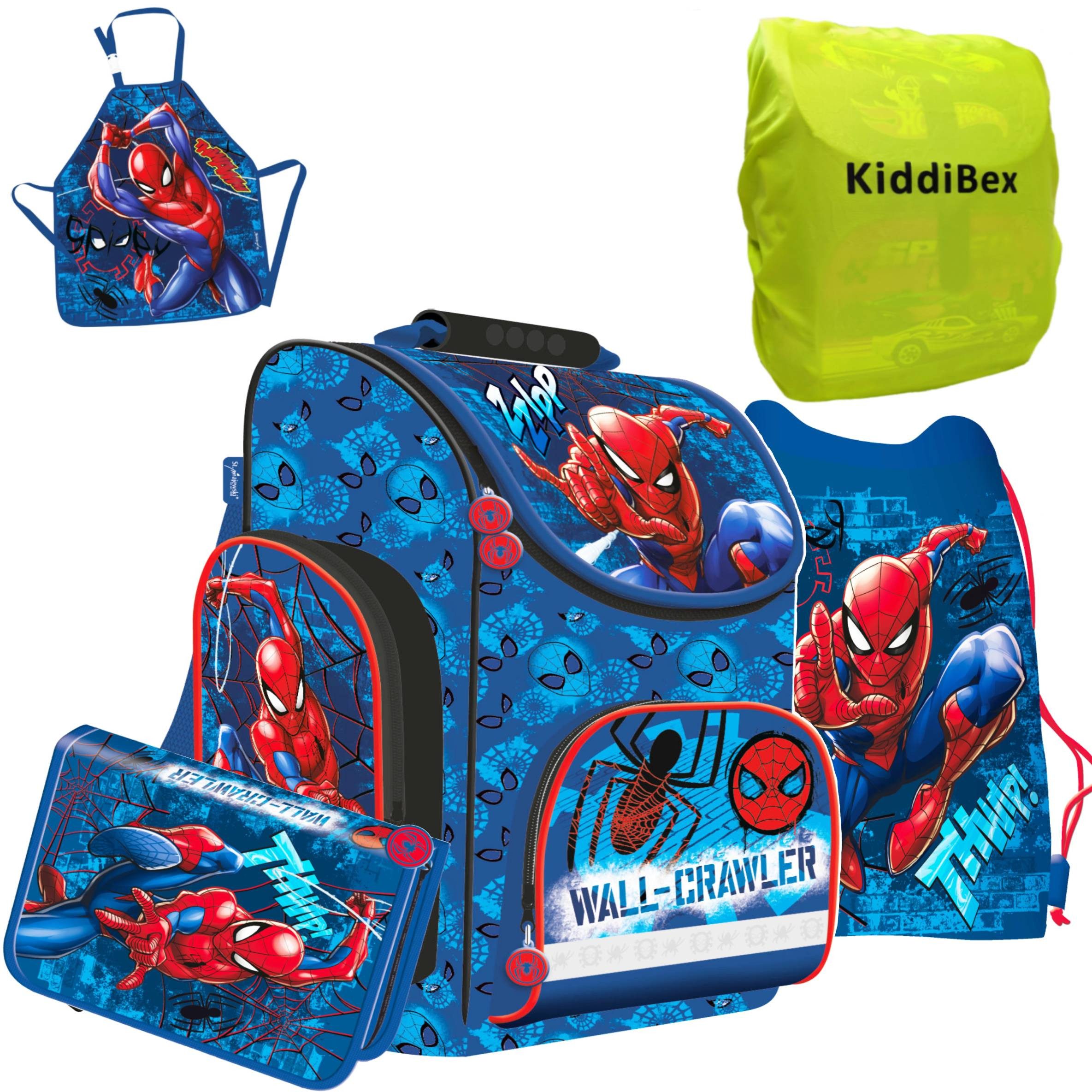 KiddiBex Schulranzen Spiderman 5tlg. oder 13tlg. (Set, 05-tlg., Tornister, Mäppchen, Turnbeutel & Regenschutz), Jungen 1. Klasse - Grundschule Ranzen - Ergonomischer Schulrucksack