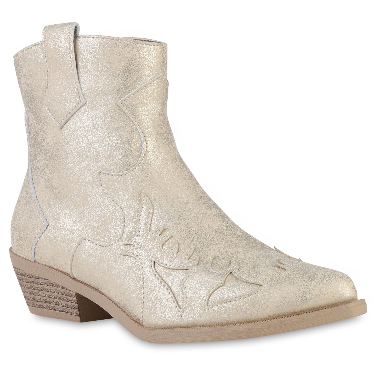 VAN HILL 21603538 SL DES668-1 Damen Stiefeletten L-Gold PU 38 Cowboy Boots Damen Cowboy Boots Stiefeletten Spitze Holzoptikabsatz