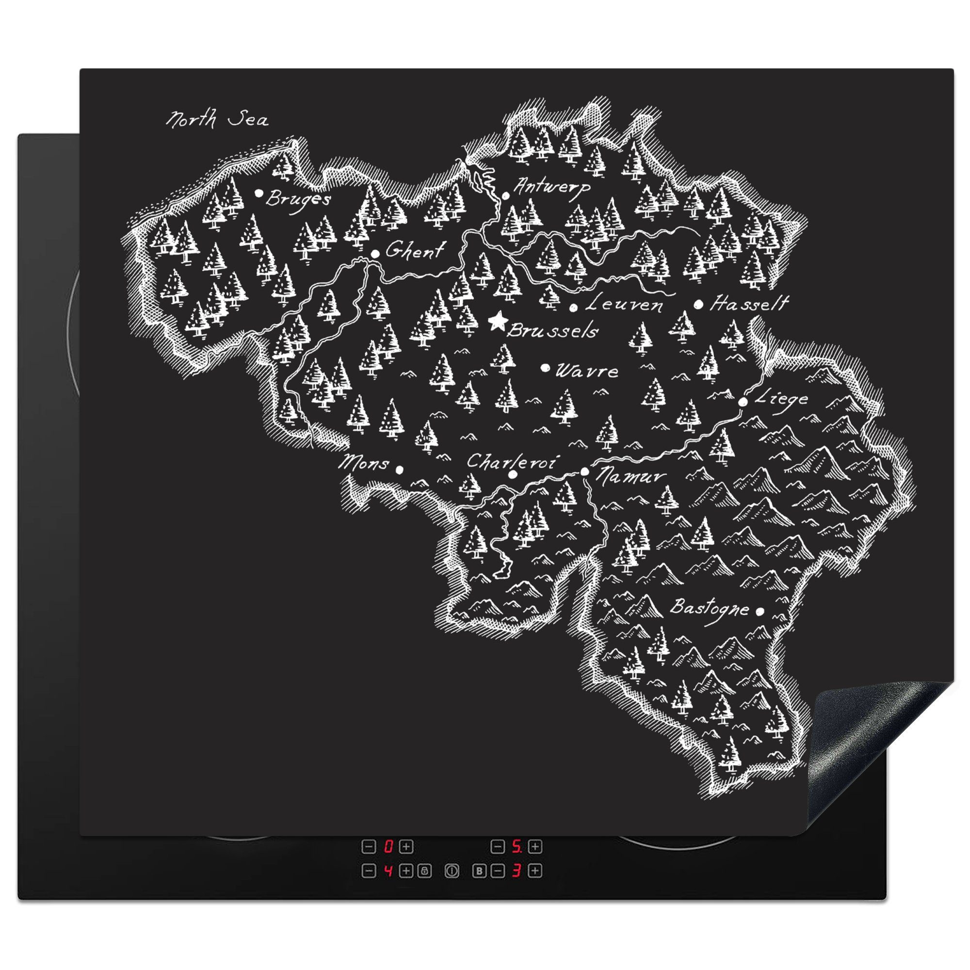 MuchoWow Herdblende-/Abdeckplatte Schwarz-Weiß-Illustration von Arbeitsfläche Vinyl, Ceranfeldabdeckung Mobile Bergen nutzbar, 60x52 cm, und tlg), Gewässern, (1 Belgien mit