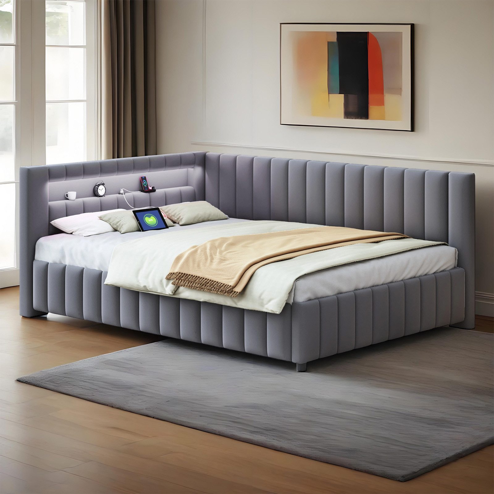 MODFU Polsterbett Kinderbett (140x200 cm mit LED-Lichtstreifen, USB-Ladeans günstig online kaufen