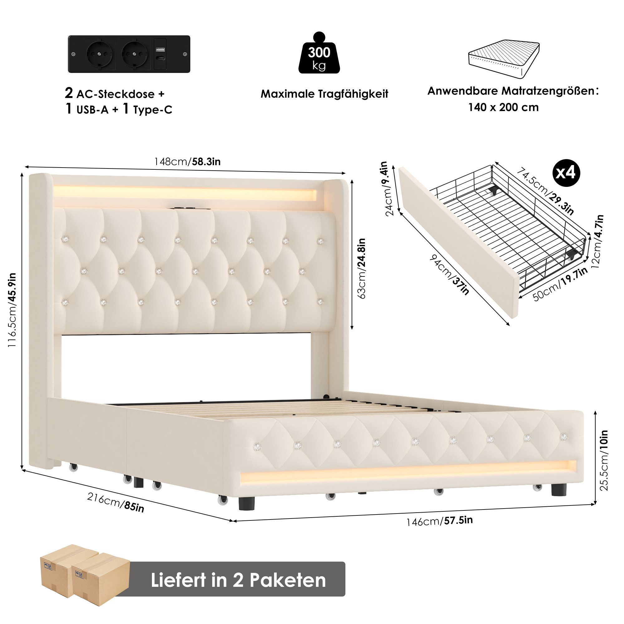 Homfa Polsterbett Bett 140x200 Bettgestell Doppelbett, mit Ladefunktion und günstig online kaufen