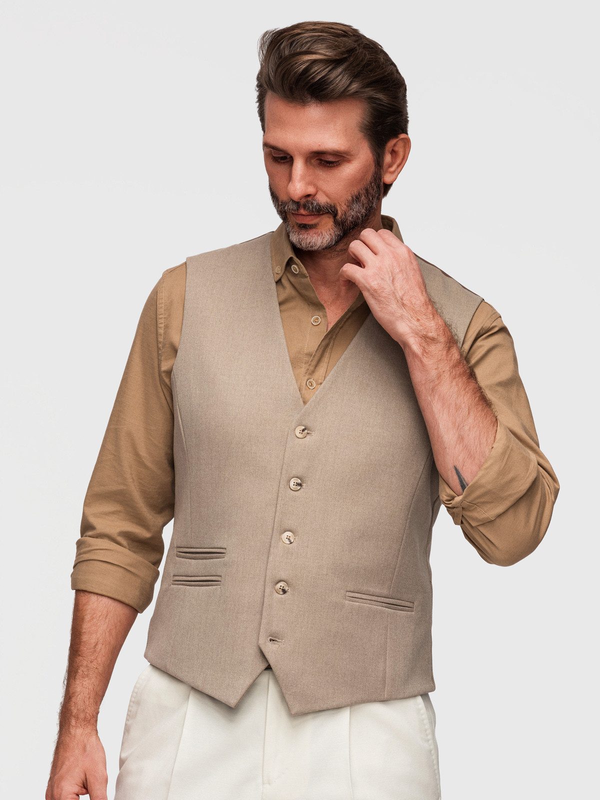 OMBRE Anzugweste Herren Anzugweste Slim Fit Elegant mit Stretch Beige L (kein Set, 1-tlg) Verstellbarer Rücken