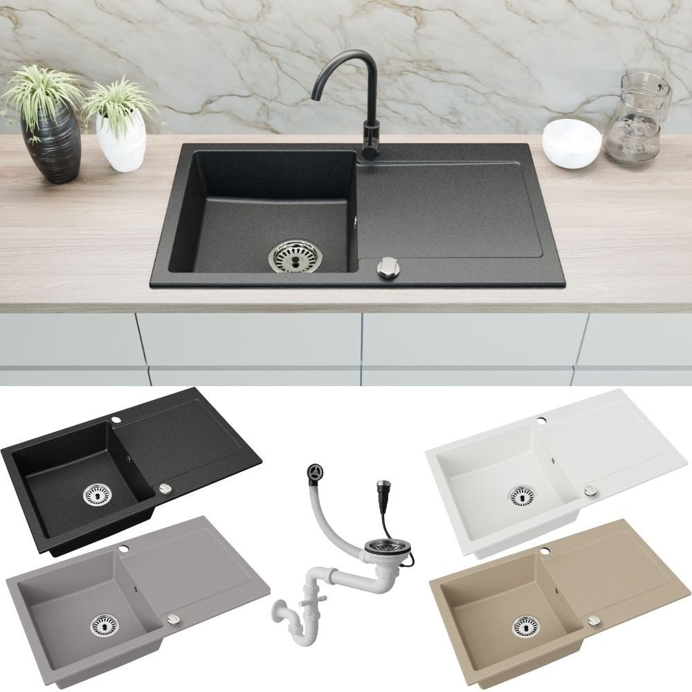 Faizee Home Granitspüle Faizee Home Granitspüle 90x50 cm, eckig, mit Abtropffläche & Siphon