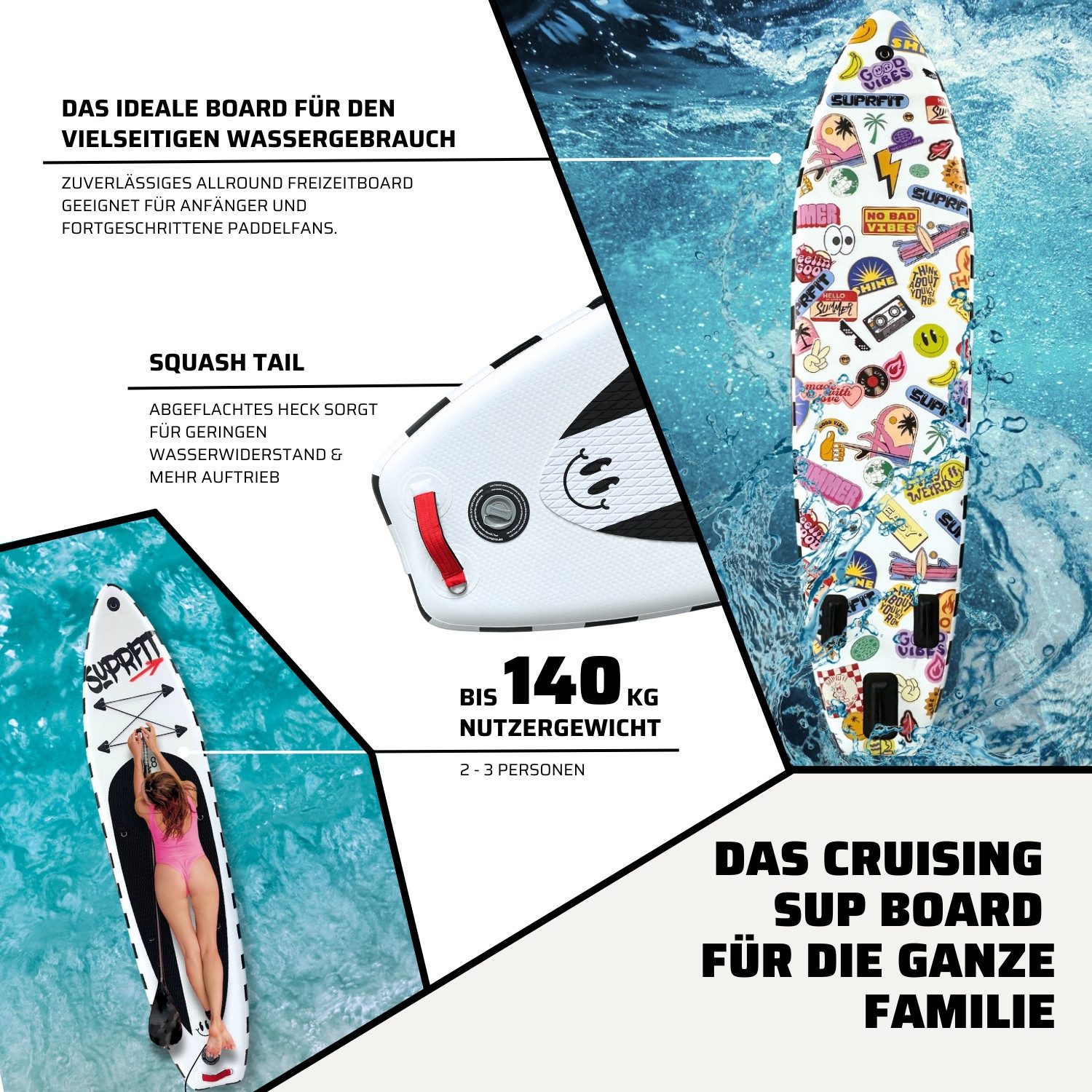 SF SUPRFIT Inflatable SUP-Board Stand-Up Paddling Board Funny Stickers – White, Touring, All in one, Anti-Rutsch Deckpad, belastbares und langlebiges Material