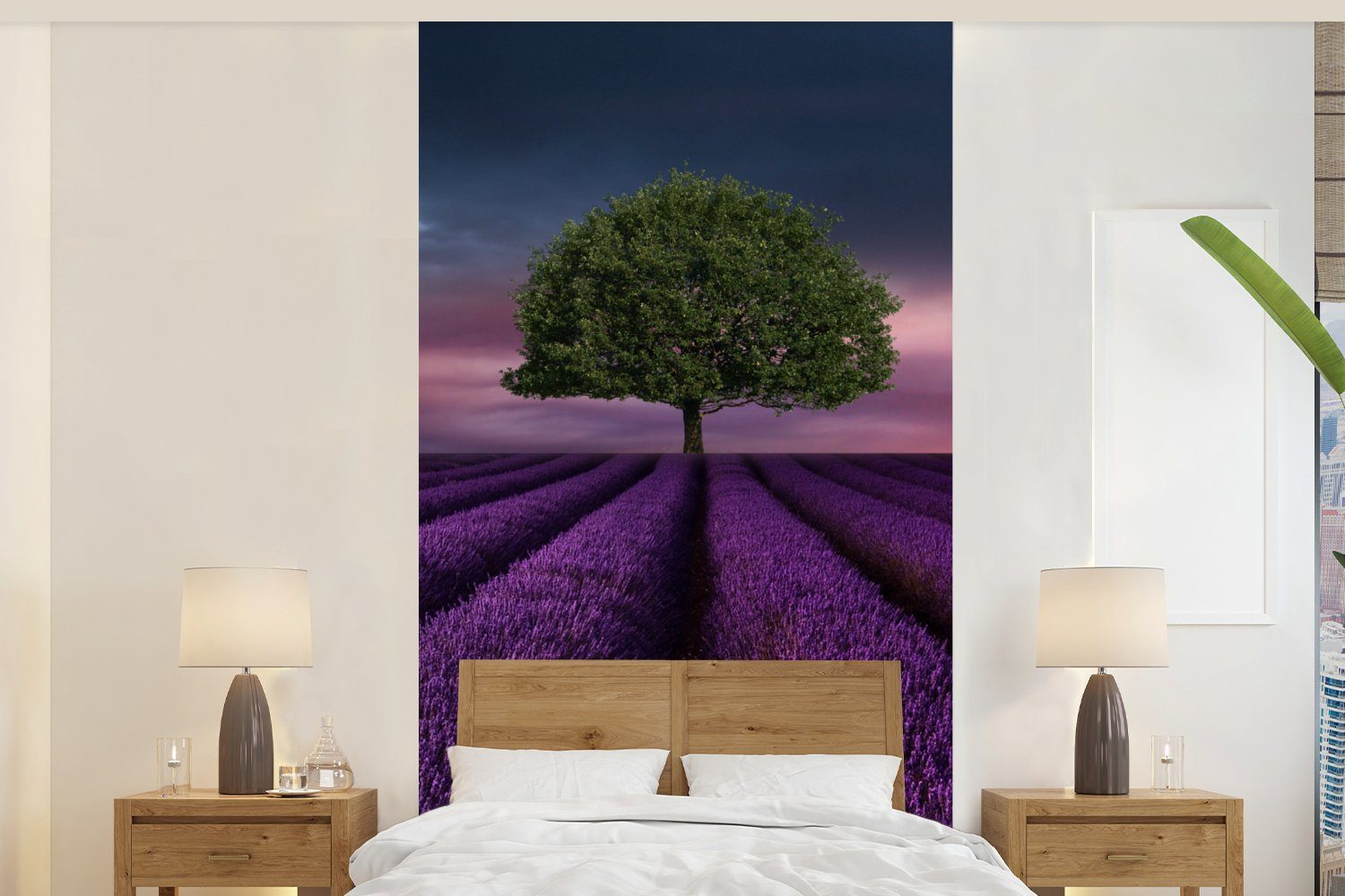 MuchoWow Fototapete Lavendel - Baum - Lila, Matt, bedruckt, (2 St), Vliestapete für Wohnzimmer Schlafzimmer Küche, Fototapete