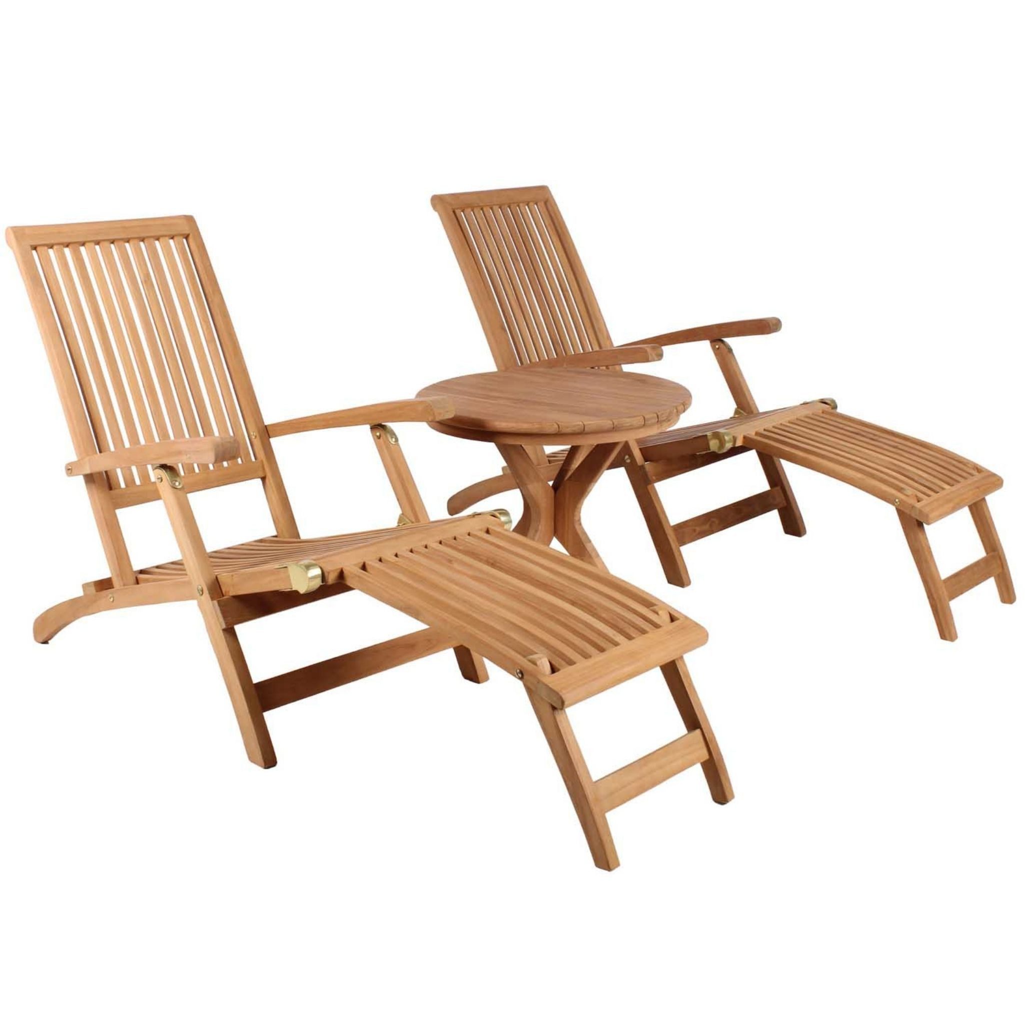 MR.DEKO Gartenliege Teak – Deckchair Yacht & Tisch Burton, klappbar, 1x Beistelltisch Burton, 2x Deckchair Yacht