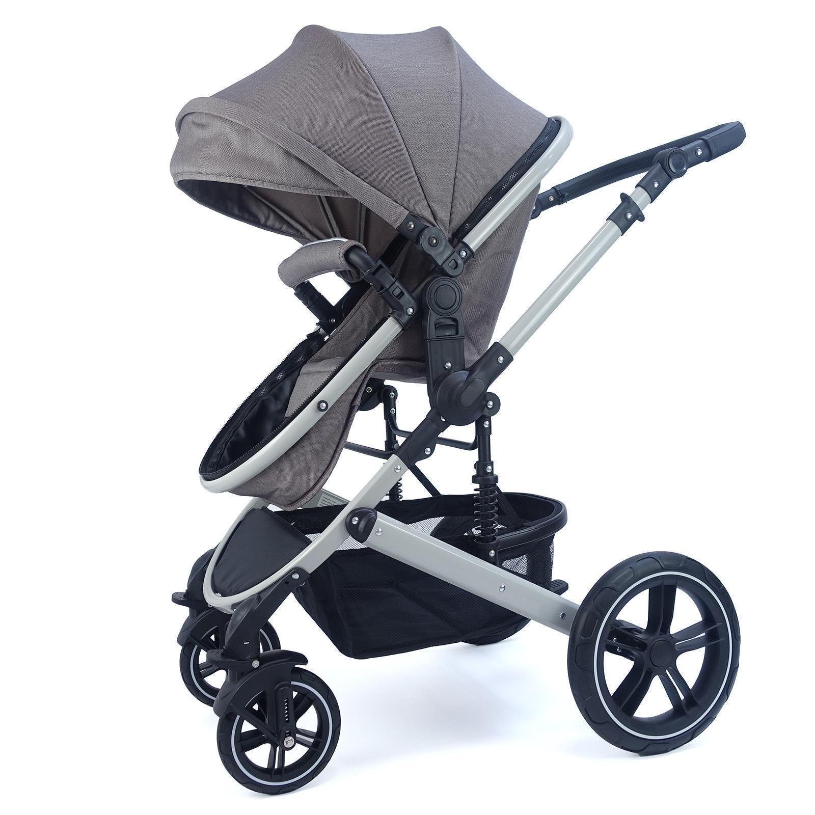 Pixini 3in1 Kinderwagen Set Neyla Gestell Pixini braun mit Kombi-Kinderwagen graufarbigem