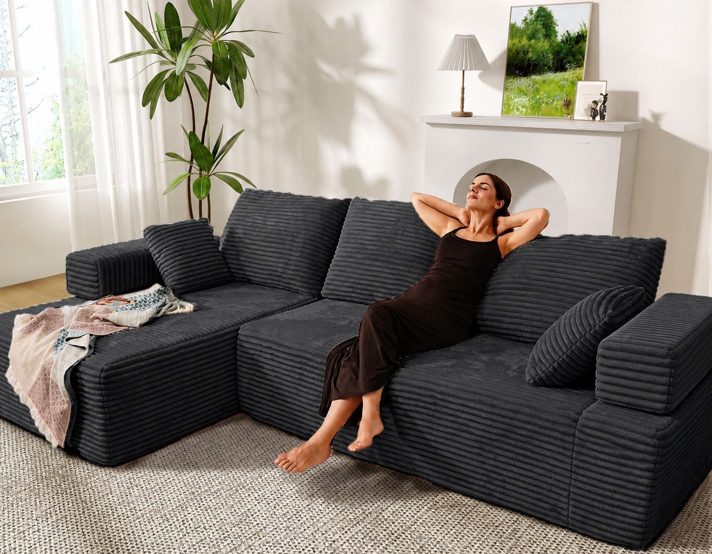 Patbrela Ecksofa Couch L-Form 263cm, Sofa Links Samtstoff Vierersofa mit Liegefläche, keine Montage erforderlich
