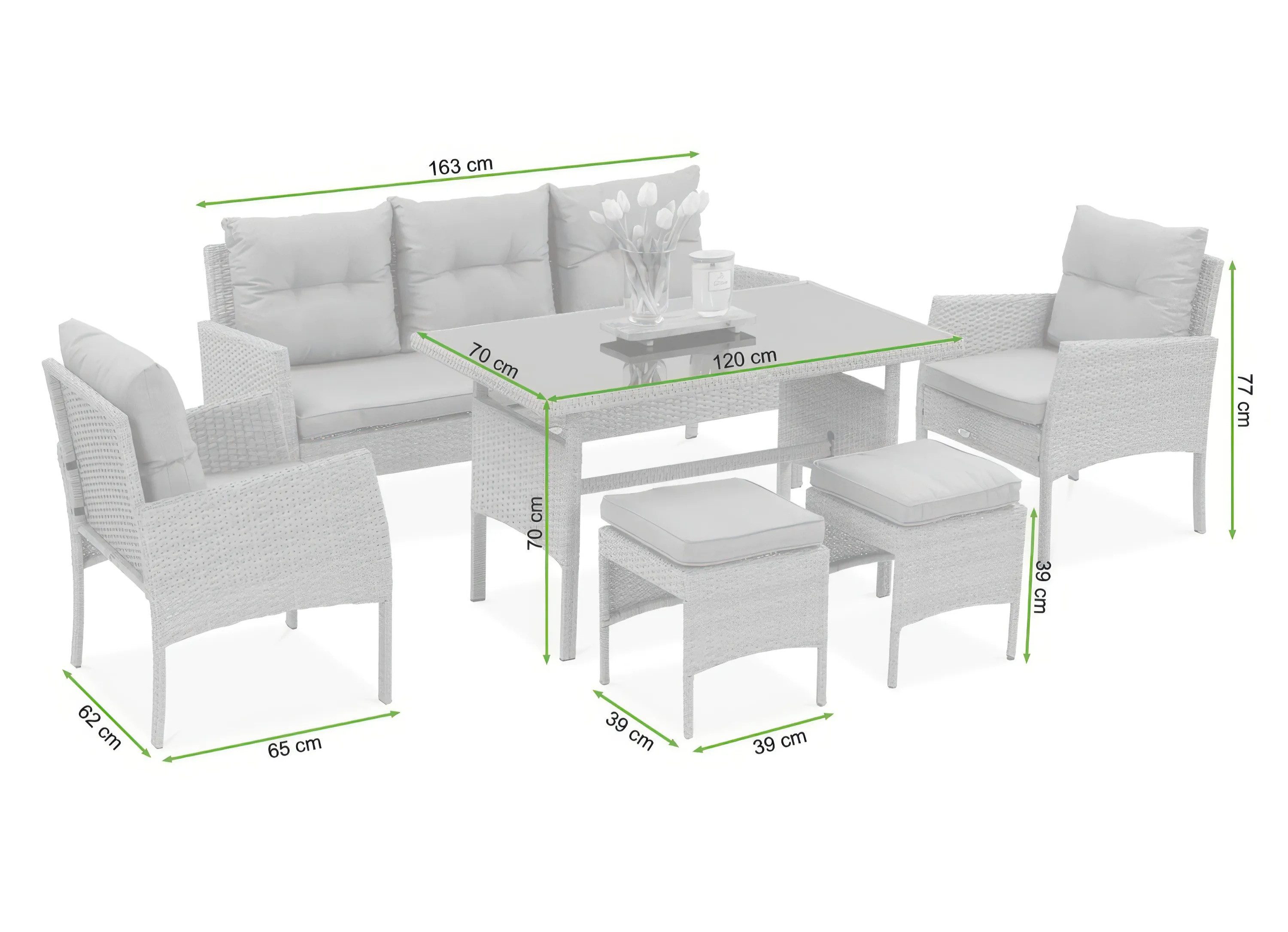 Focus Garden Gartenlounge-Set "CORTINA" Polyrattan mit Tisch + Hocker, Witterungsbeständig, (7-tlg), für bis zu 7 Personen, mit Kissen, Gartenmöbel-Set