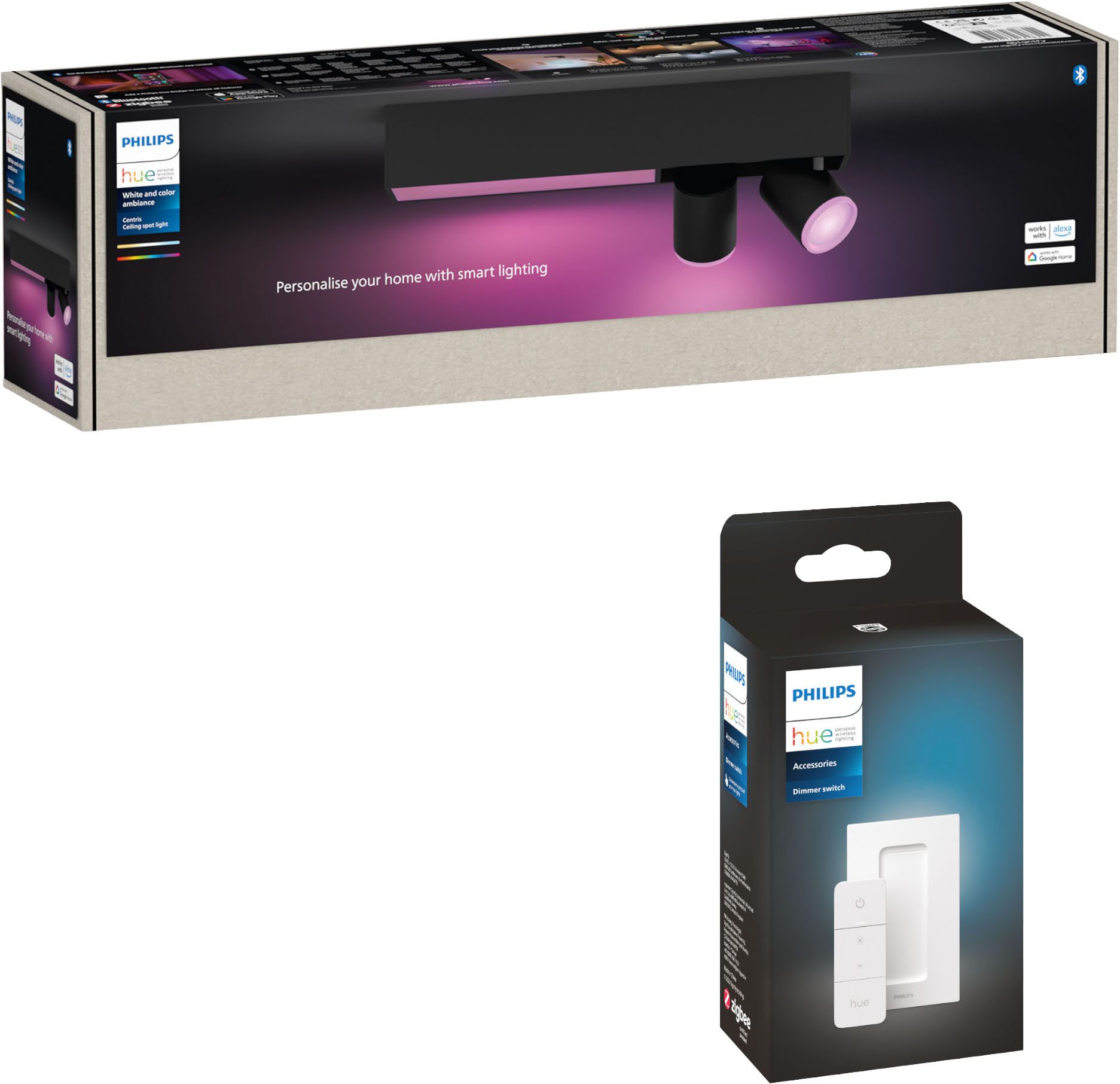 Philips Hue Smarte LED-Leuchte Bundle White & Color Ambiance Centris 2er Spot schwarz, Abschaltautomatik, Bluetooth, CCT - über Fernbedienung, Dimmer, Dimmfunktion, Farbsteuerung, Farbwechsel, Fernbedienung, Infrarot inkl., Leuchtdauer einstellbar, Memoryfunktion, Nachtlichtfunktion, RGB, Smart Home, Timerfunktion, dimmbar über Fernbedienung, erweiterbar, mehrere Helligkeitsstufen, LED wechselbar, RGB, inkl. Philips Hue Dimmschalter