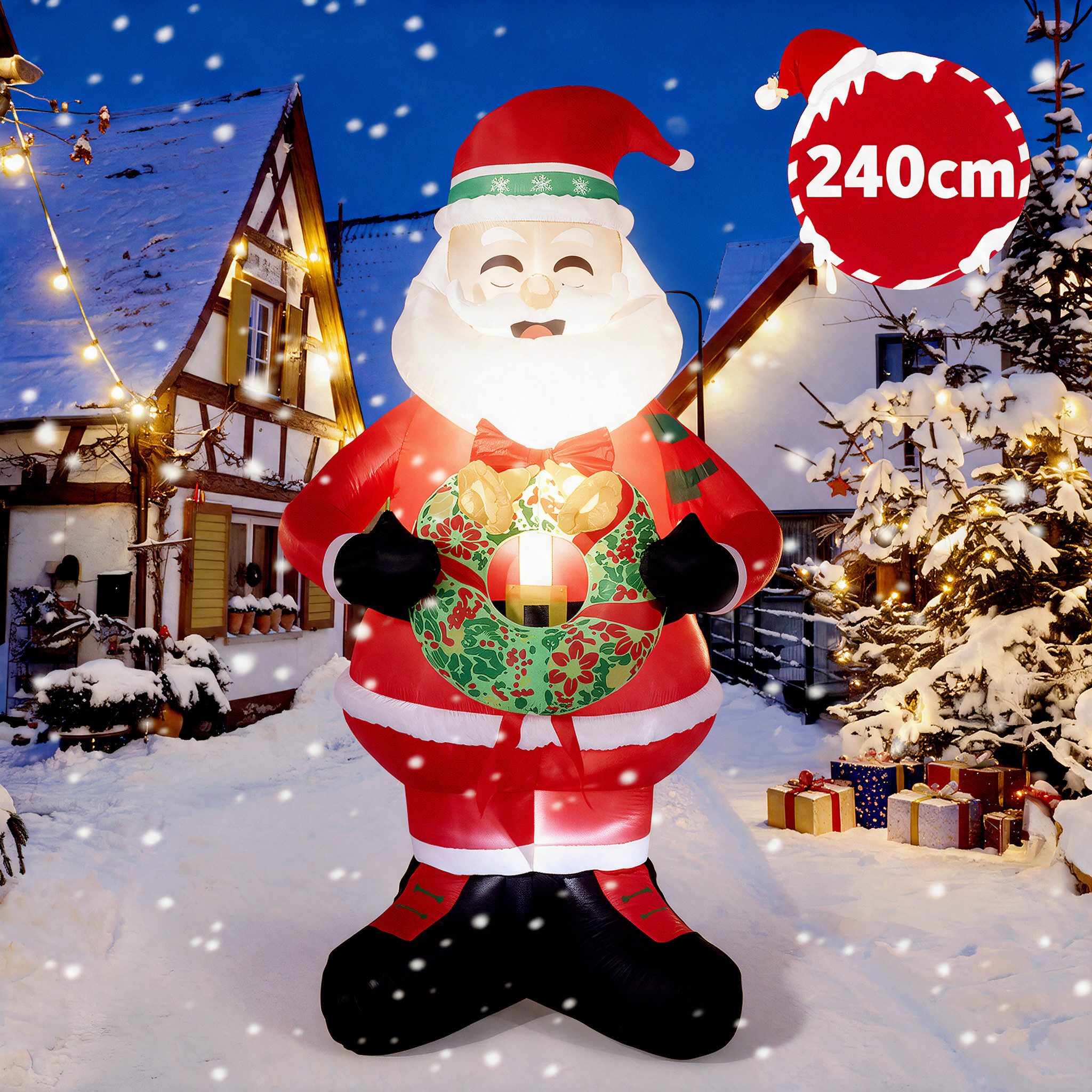 GarveeMore Weihnachtsfigur Aufblasbarer Weihnachtsmann mit Kranz, LED Beleuchtung, mit Gebläse, 240cm, IP44 Wasserdicht, Innen und Außen, für Garten Hof Rasen