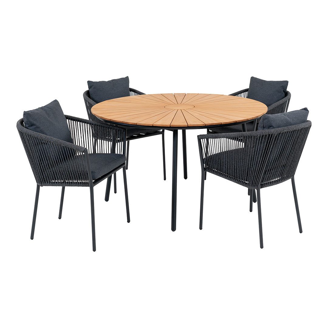 ebuy24 Garten-Essgruppe Cleveland Gartenset Esstisch Ø130cm natur, schwarz, (5-tlg)