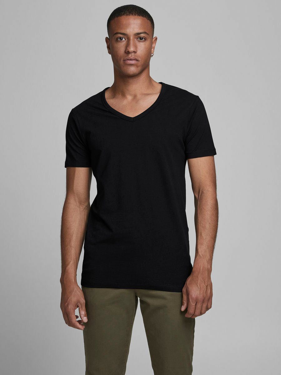 & V-Ausschnitt mit SLIM- V-NECK FIT black Jones Jack T-Shirt BASIC TEE