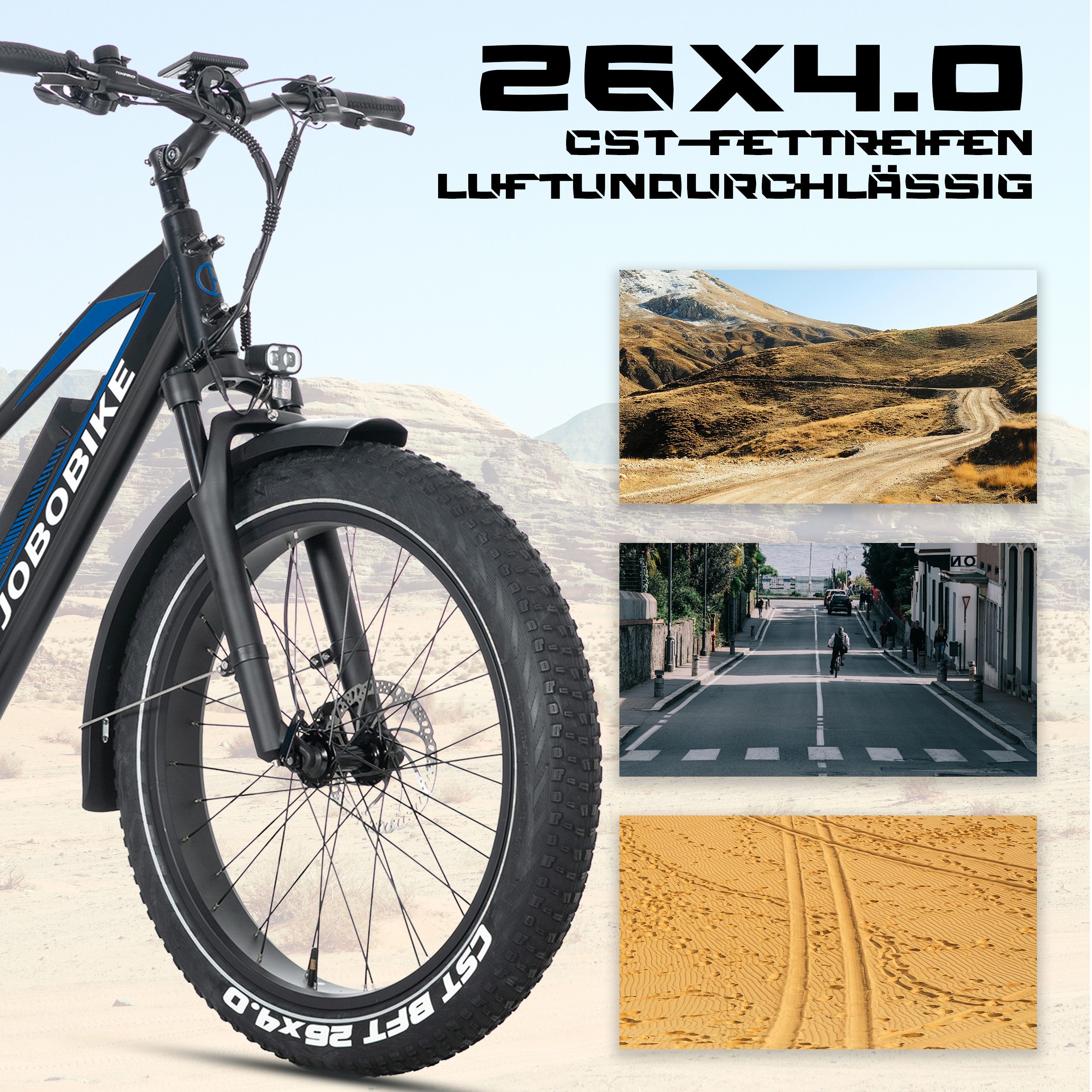 JOBOBIKE E-Bike Mountainbike 26x4,0 Zoll, Elektrofahrrad, 180km, Robin Pro, Gefederte Sattelstütze, 8 Gang Shimano, Kettenschaltung, Heckmotor, 960 Wh, Federgabel, 5 Stufen, Bremslichtfunktion, MTB, für Damen und Herren