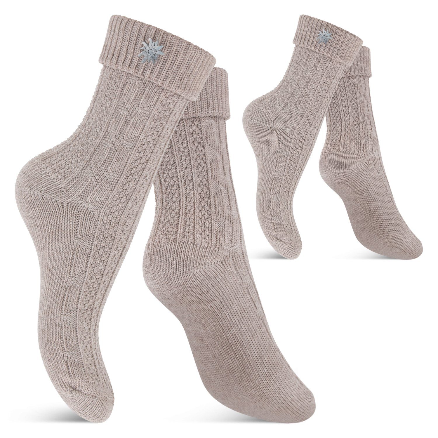 celodoro Trachtensocken Trachten Socken (2 Paar) mit Edelweiß-Pin für Damen & Herren Beige