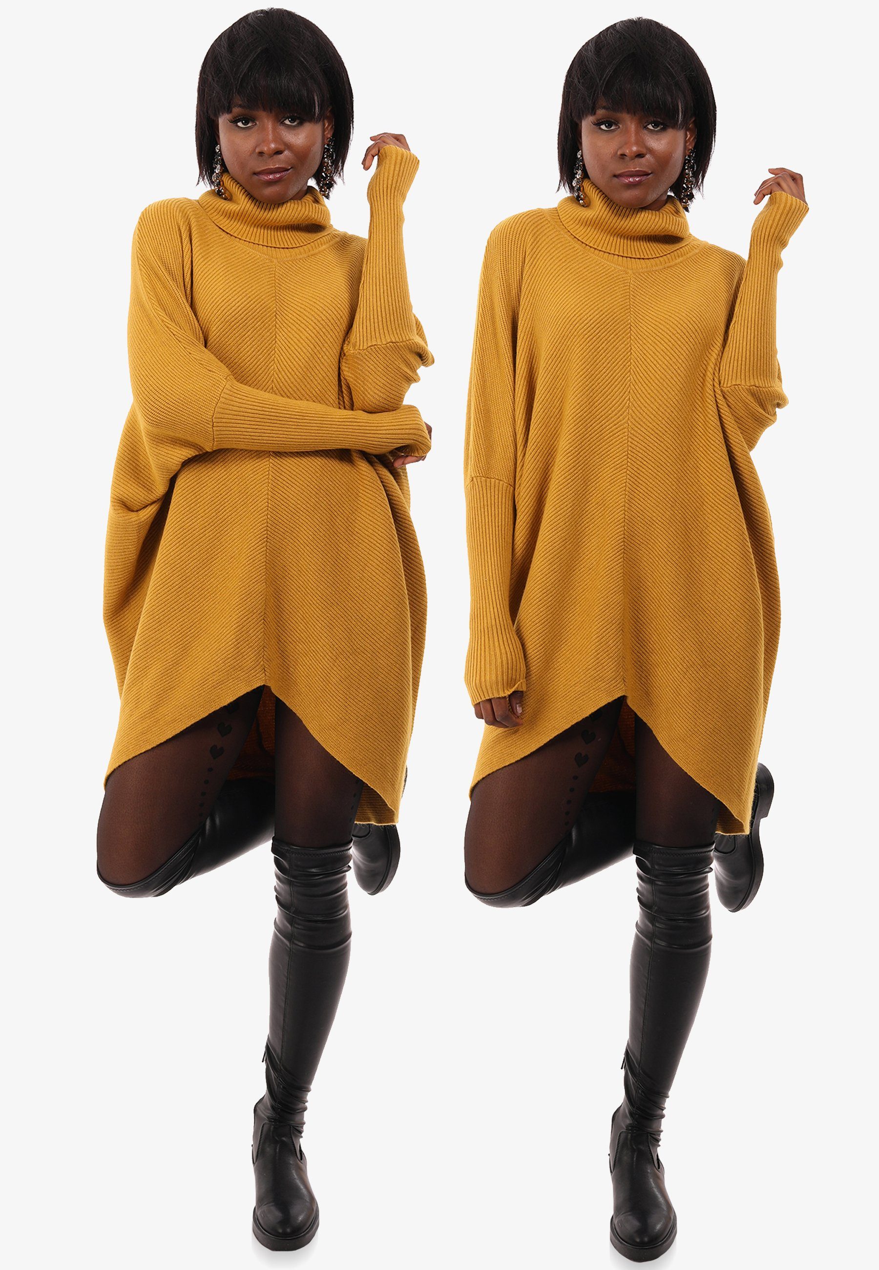 YC Fashion & Style Size mit Unifarbe, Strickpullover asymmetrisch in mit Schultern (1-tlg) überschnittenen Plus senf Longpullover Rollkragen