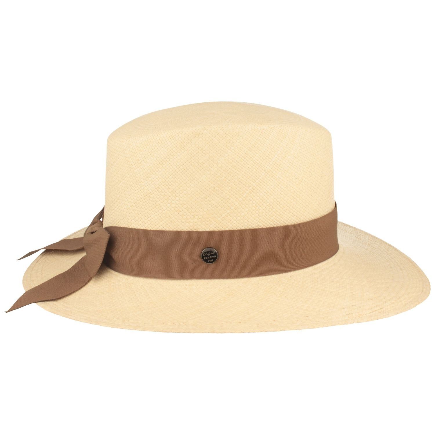 modischer Bd mit original Breiter UV feiner beige Panama-Hut 21 Schleife natur/ hinten 50+ Strohhut