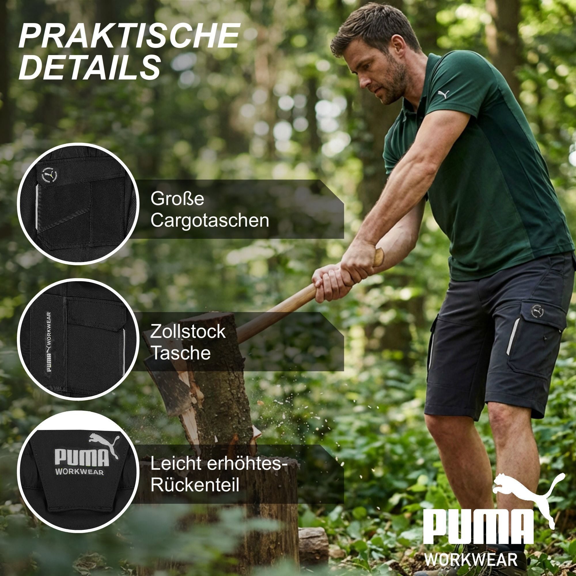 PUMA Workwear Arbeitsshorts Kurze Arbeitshose Herren - Mit 4-Wege Stretch - Erhöhtes Rückenteil Robust mit verstärkten Taschen durch 100% Nylon - Gummizug im Bund