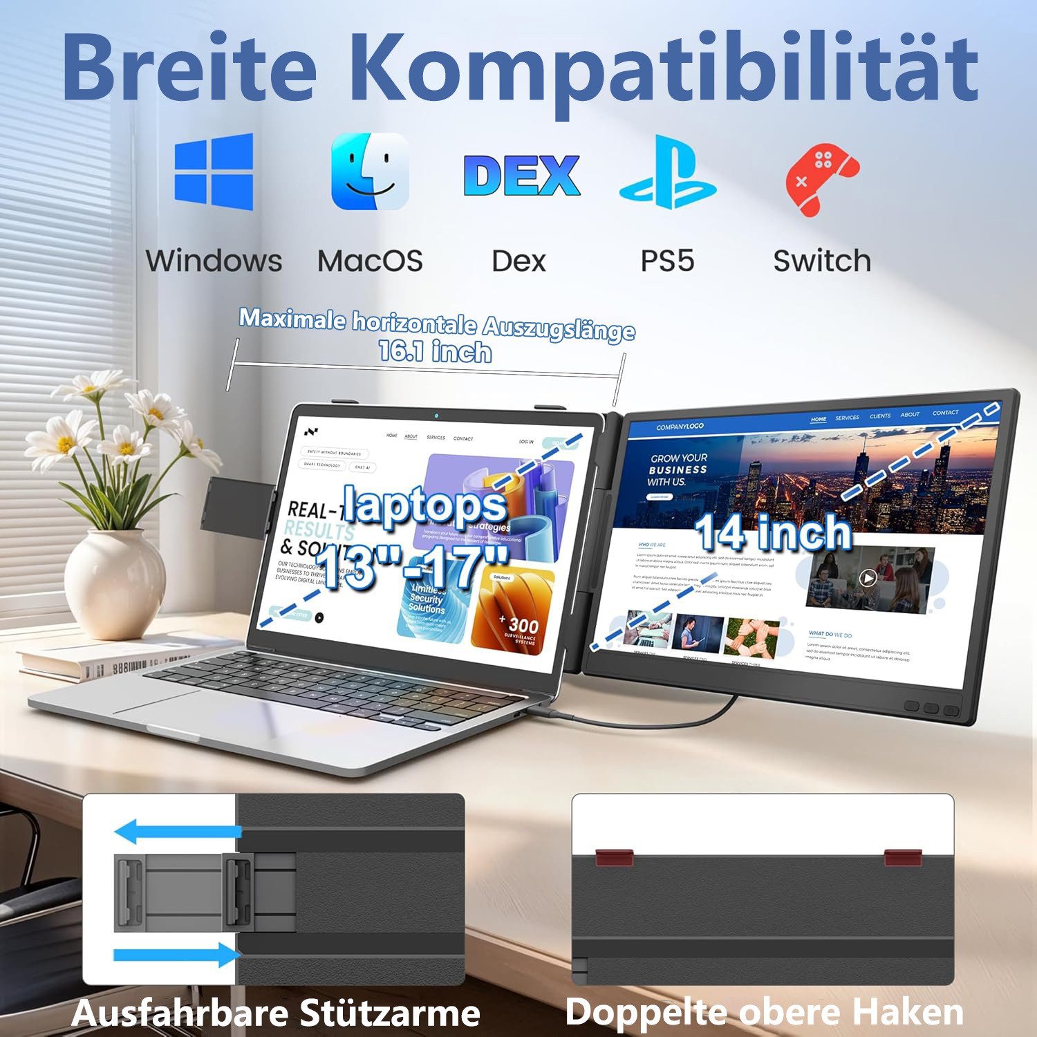 KEFEYA Portabler Monitor, Laptop-Bildschirm-Extender, Dual-Display, LCD, IPS Portabler Monitor (36 cm/14 ", 1920x1080 px, Full HD, 60 Hz, IPS, LCD, Laptop-Bildschirmerweiterung, Kompatibel mit Mac/Windows/Chrome etc)
