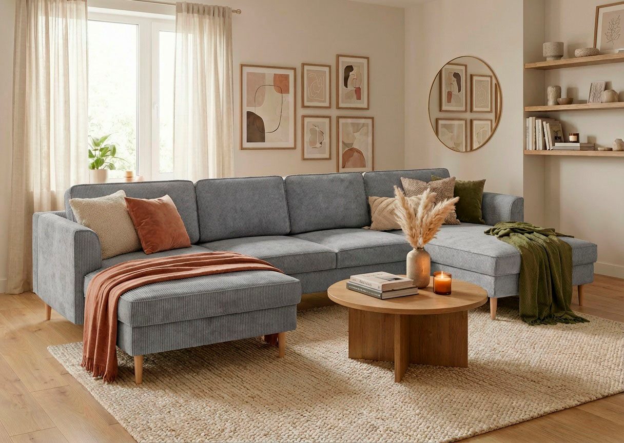 Home affaire Wohnlandschaft Booster, whlw. mit Schlaffunktion & Bettkasten, Fuß Buche lackiert, Sofa in U-Form, Breite 305 cm, in Cord oder Struktur