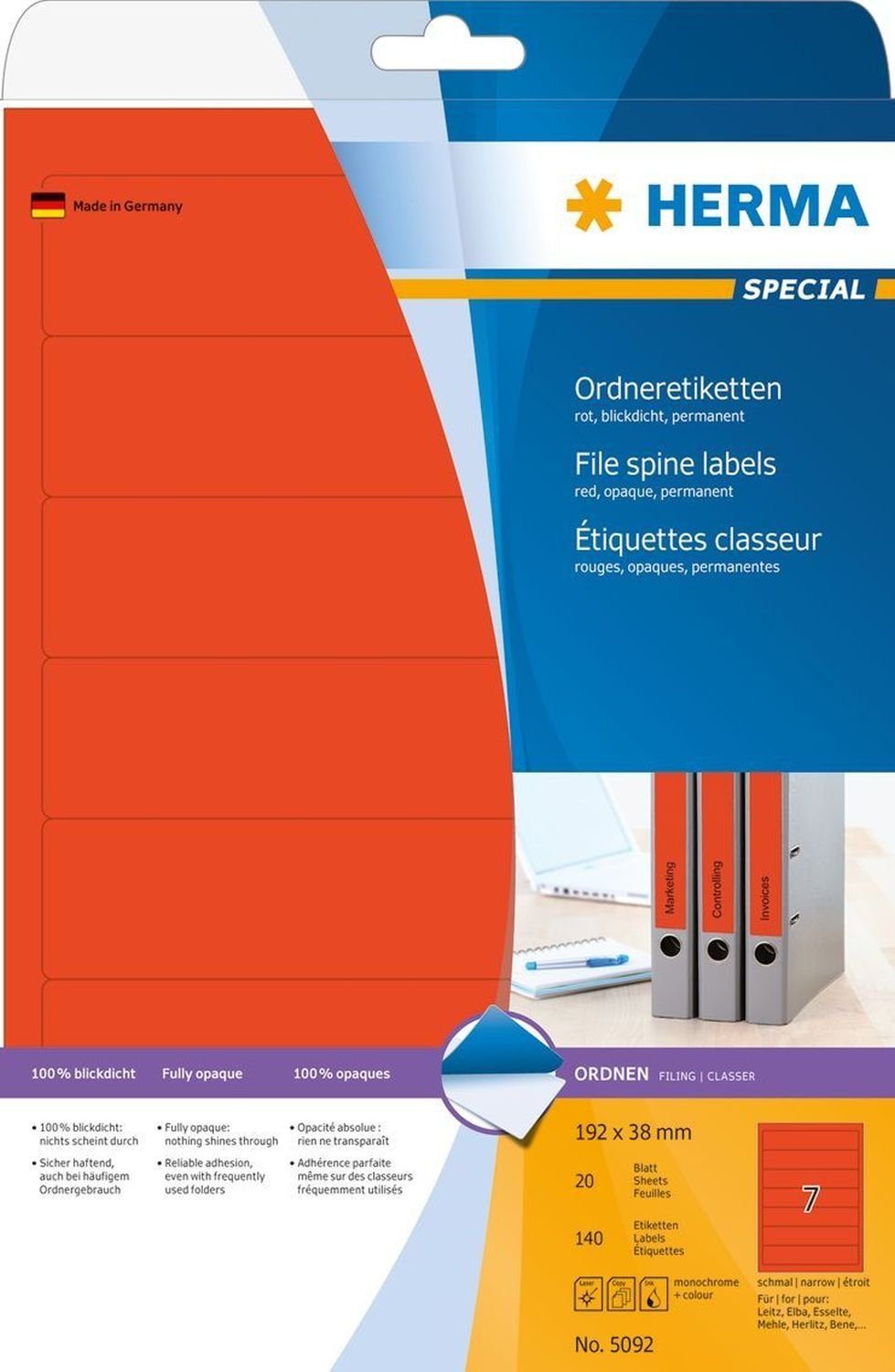 Hinweisschild HERMA Ordnerrcken-Etiketten SPECIAL, 192 x 38 mm, rot