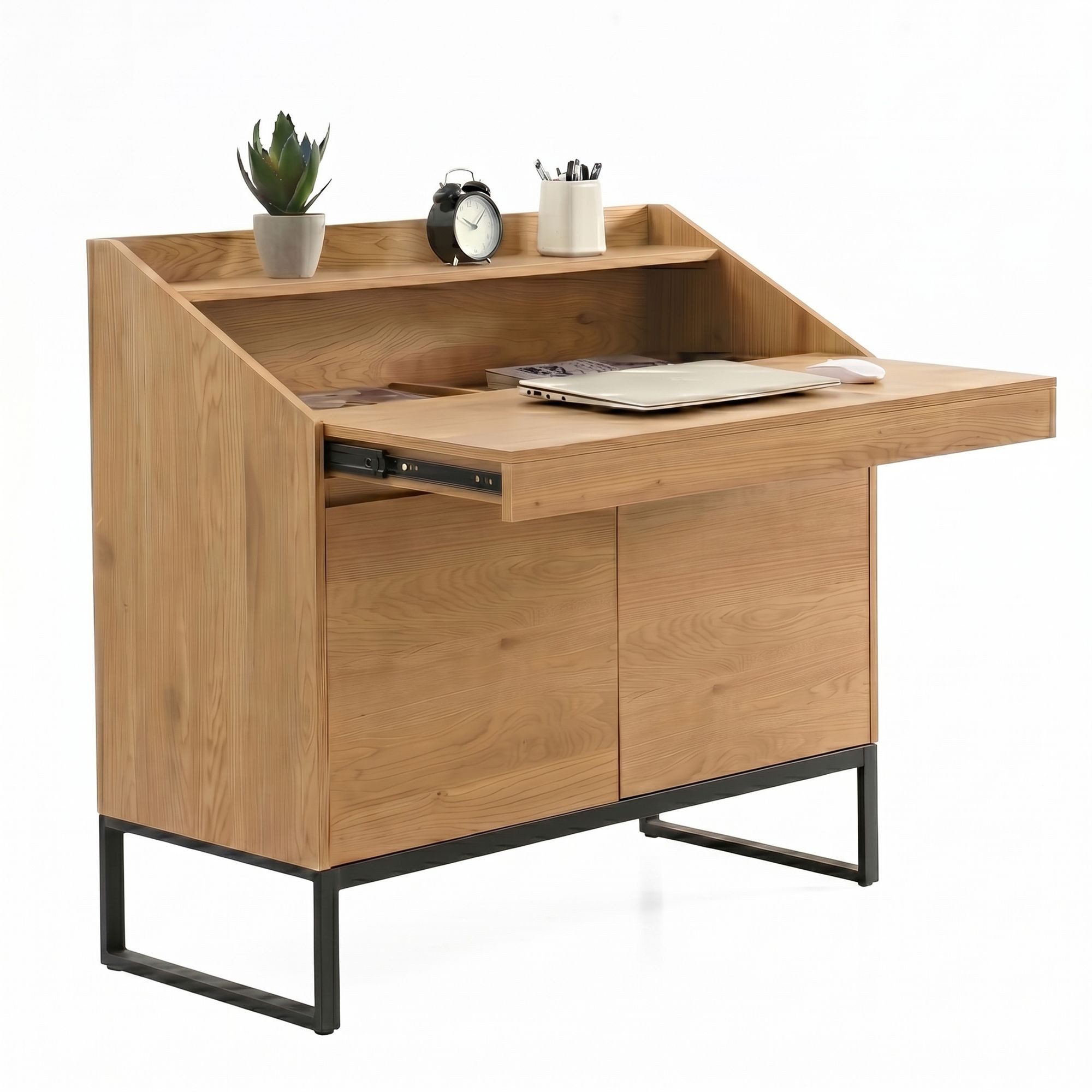 Wohnling Schreibtisch WL7.632 Kompaktschreibtisch 100cm Stauraum Sekretär Bürotisch Eiche (Moderner Tisch mit ausziehbarer Tischplatte), Viel Stauraum hinter zwei Türen in Holzoptik