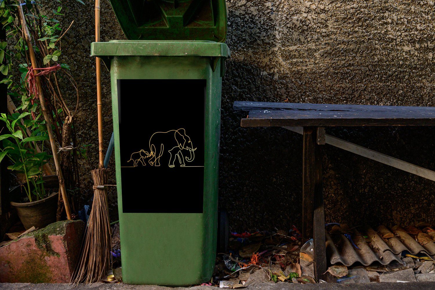 MuchoWow Wandsticker Elefant - Einfach - Gold Abfalbehälter St), - Mülltonne, Container, Mülleimer-aufkleber, Schwarz Sticker, (1