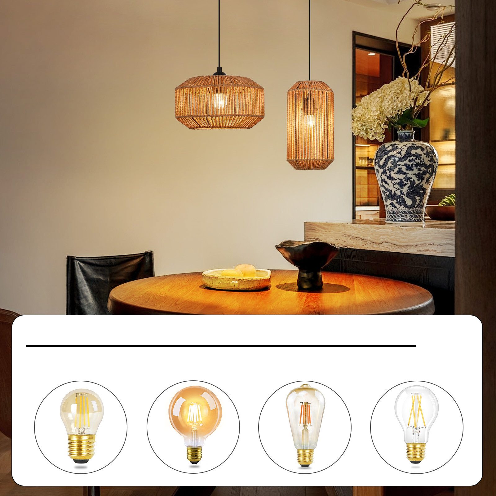 ZMH Pendelleuchte Esszimmer 1 Flammig Vintage Laterne Design Hängeleuchte E27 Flur, Hochwertige Design, ohne Leuchtmittel, laternenförmige Flechtdesign Hanfseil Esstischlampe für Schlafzimmer