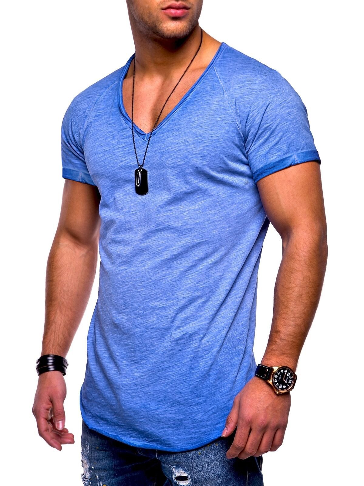behype T-Shirt BHSOLIN Herren Basic Kurzarm V-Neck Oversized Shirt V-Ausschnitt