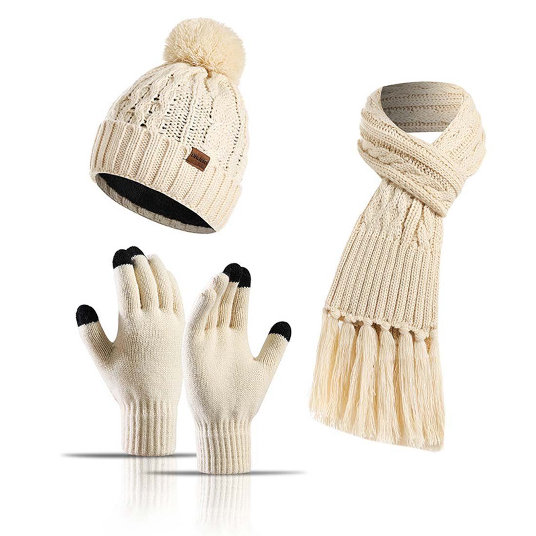 YANN Schal kältebeständiges (Gestricktes Beige und Winter, dreiteiliges 3-St) Set und aus Handschuhen, Mütze, und Set Herbst warmes für Schal dreiteiliges Winterverdicktes