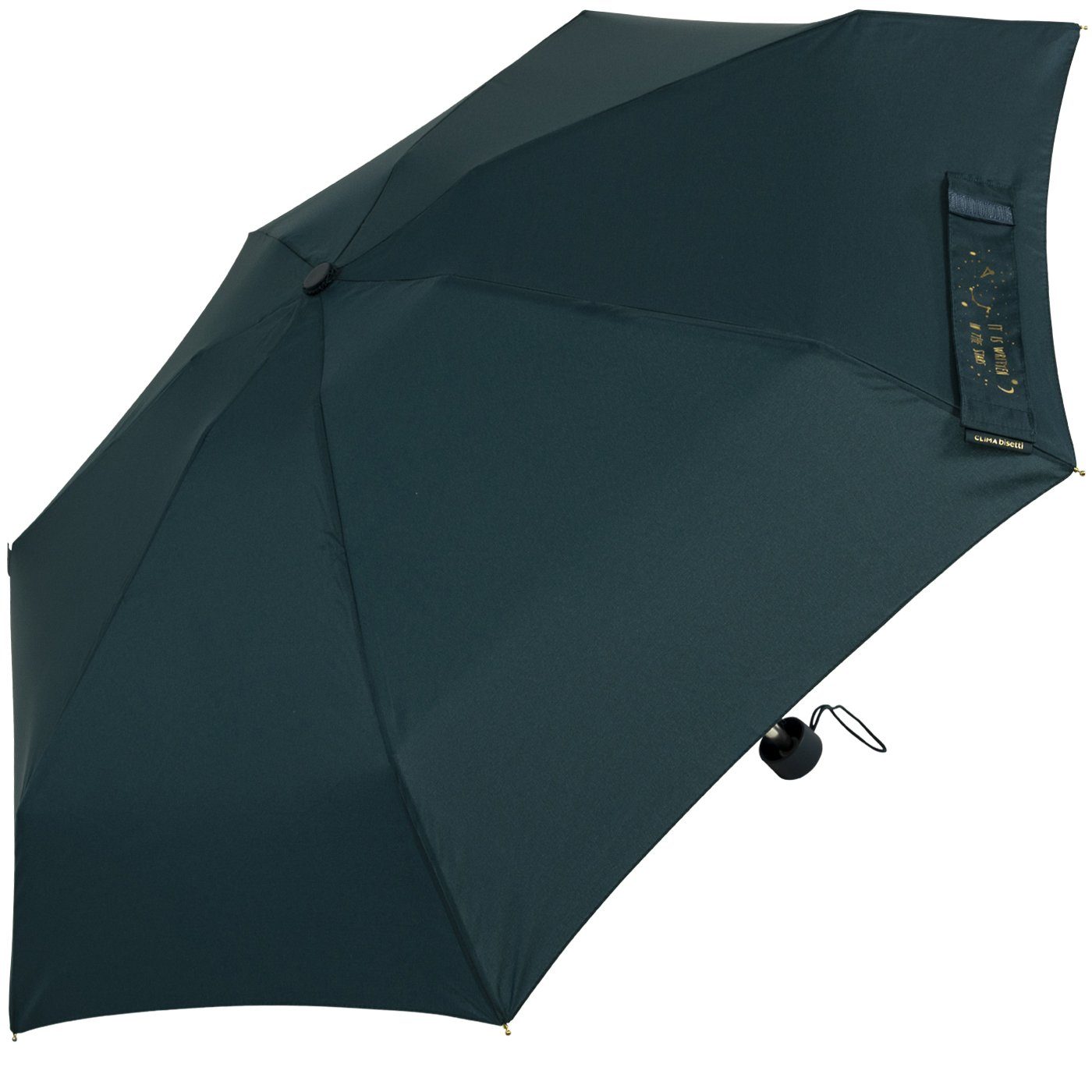 bisetti Taschenregenschirm Damen-Regenschirm, klein, stabil und kompakt, petrol, mit goldenem Aufdruck auf dem Schließband
