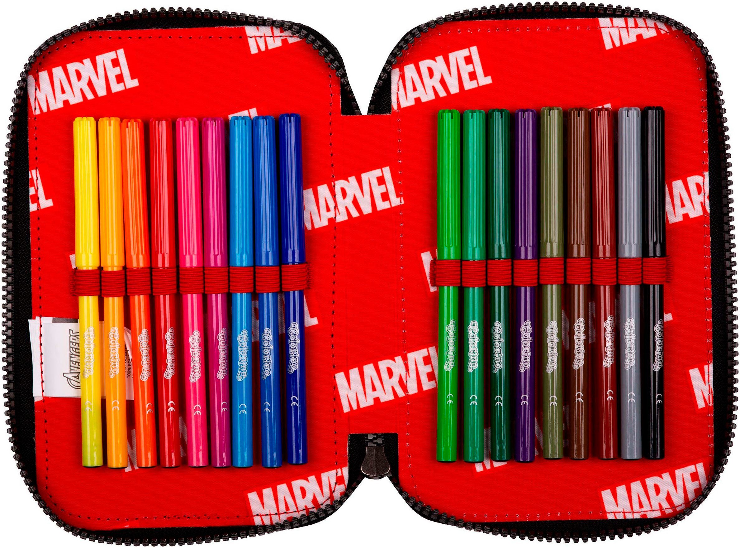 CoolPack Federmäppchen Etui XL, Marvel, Avengers, mit 2 Reißverschlüssen, befüllt