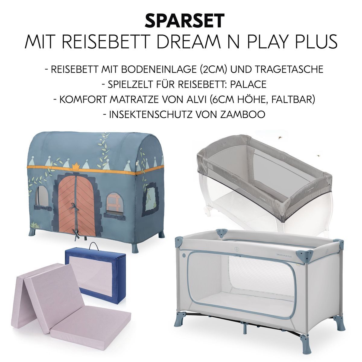 Hauck Baby-Reisebett Dream N Play Plus - Dusty Blue, Kinderreisebett mit Eingang, Matratze, Moskitonetz & Spielzelt faltbar